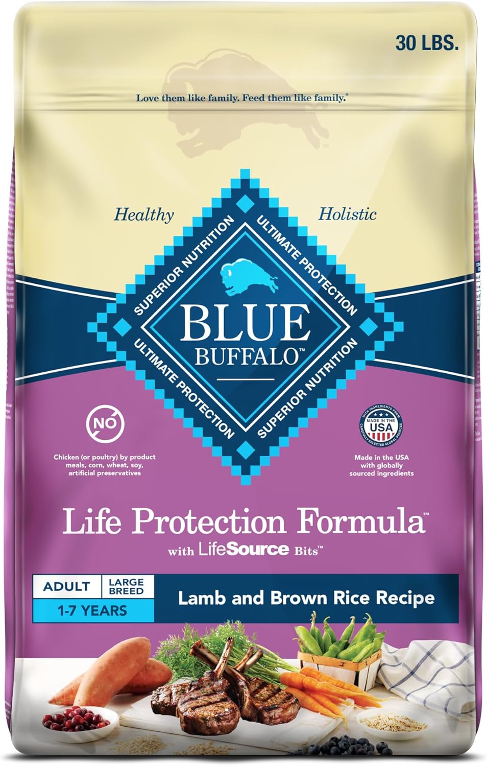 Alimento seco Blue Buffalo Life Protection Formula para perros adultos de raza grande, promueve la salud de las articulaciones y los músculos magros, elaborado con ingredientes naturales, receta de arroz integral con cordero, 30 libras Bolsa