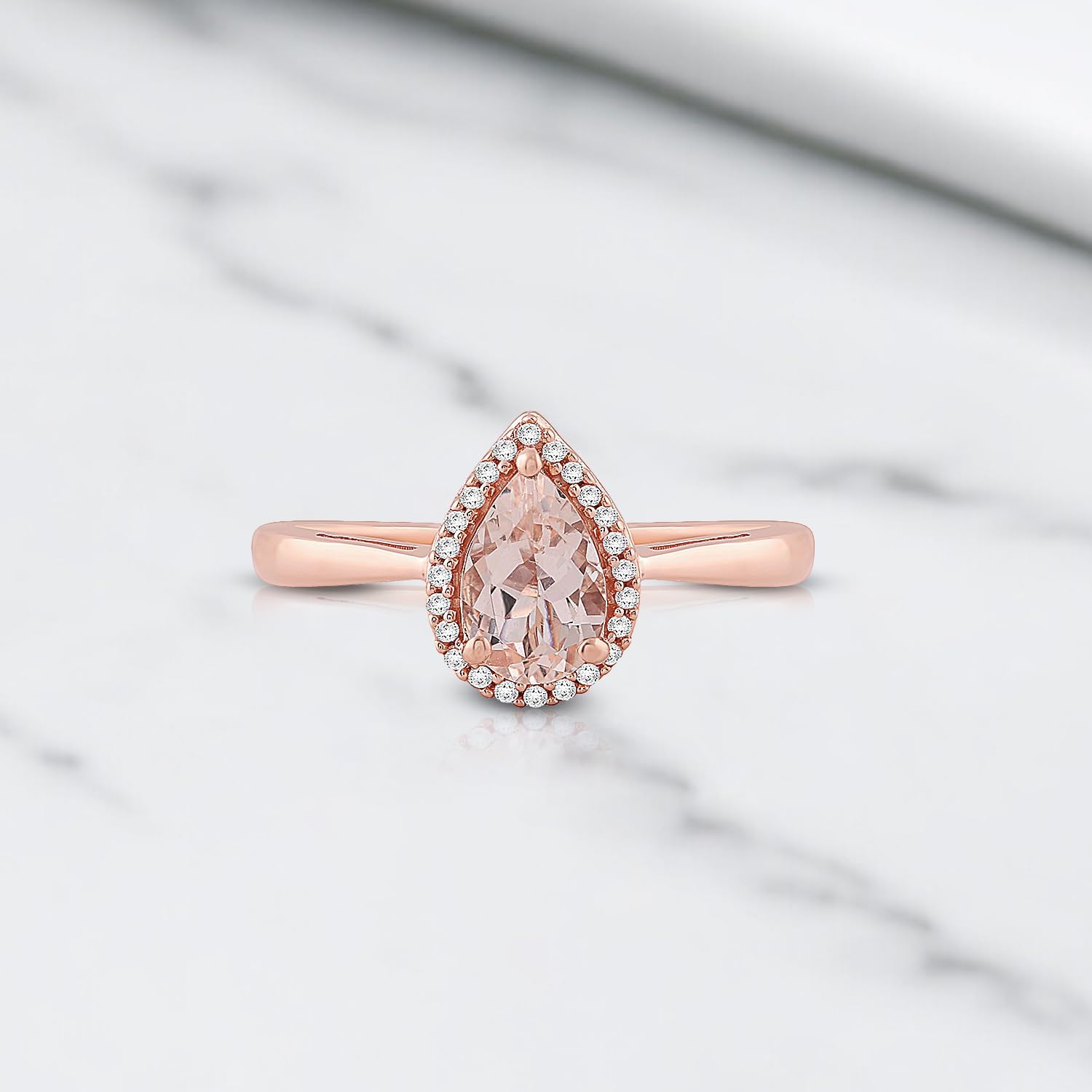 Jewelili 10K White or Rose Gold 8x5 MM Pear Shape Aquamarine or Morganite with Natural White Round Diamond Accent Halo Ring Size 6, 7  8 · v2