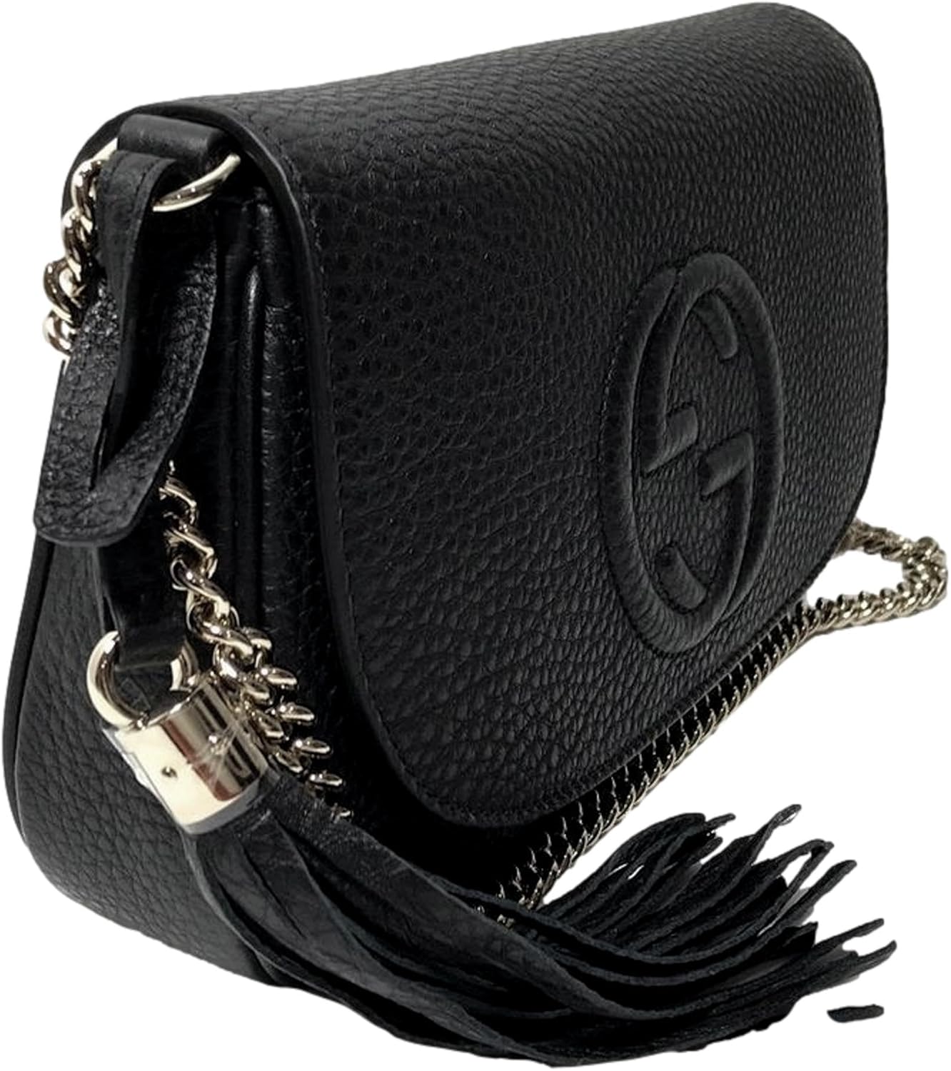 Gucci Soho Leather Flap Shoulder Bag Black Gold Tassel New Authentic · v3