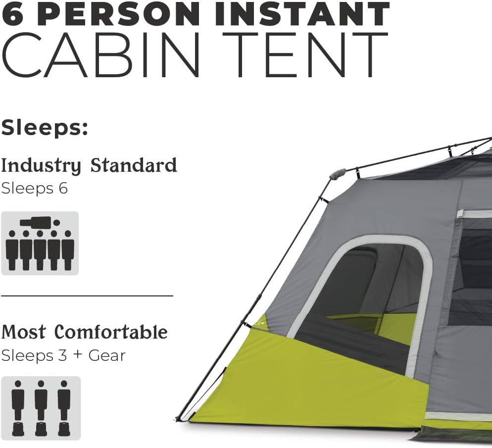 CORE 6 Person Instant Cabin Tent | Portable Large Pop Up Tent with Easy 60 Second Camp Setup for Family Camping | Included Hanging Organizer for Outdoor Camping Accessories