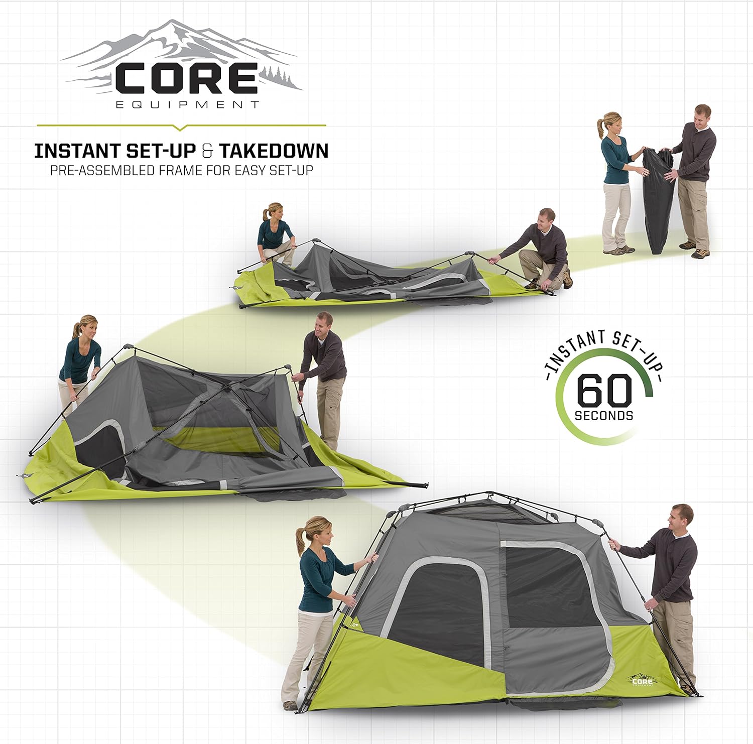 CORE 6 Person Instant Cabin Tent | Portable Large Pop Up Tent with Easy 60 Second Camp Setup for Family Camping | Included Hanging Organizer for Outdoor Camping Accessories