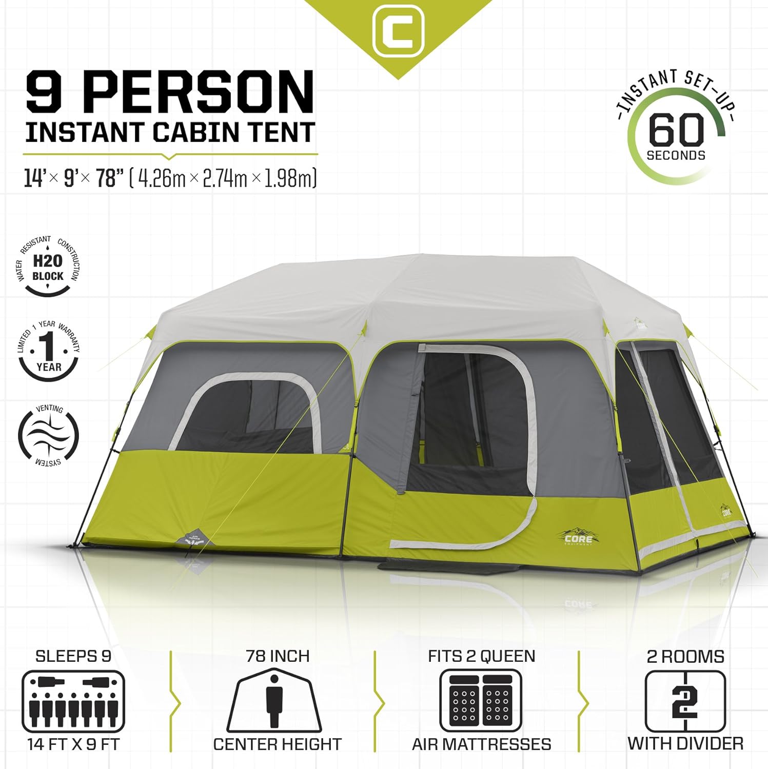Core 9 Person Instant Cabin Tent - 14 x 9', Green (40008) · v2