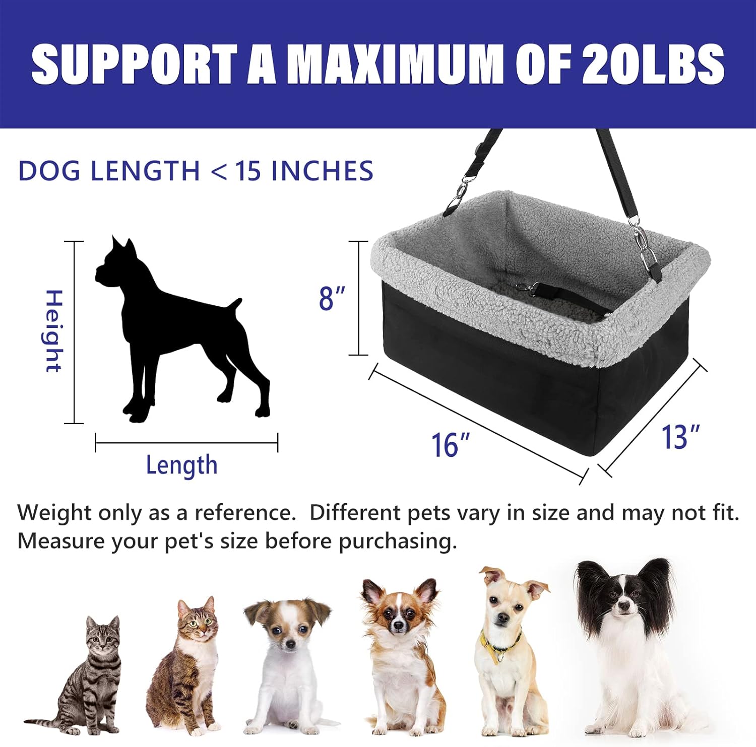 Deluxe Dog Car Seat Fits Pets up to 20lbs, Dog Booster Seat, Padded Cushioning, Adjustable Straps, Metal Frame Encasing, Installs in Seconds, Collapsible Canvas and Easy to Clean
