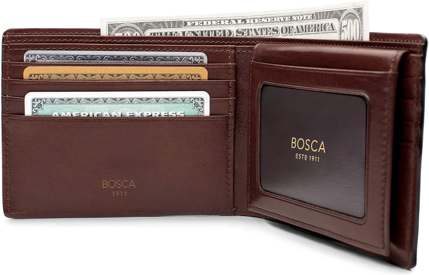 Bosca Mens Leather Wallet with Removable ID Passcase - Dolce Italian leather Wallet for Men 8 Card Slots, Bifold Design, Hand-Stitched Detailing, Polished Finish, Dark Brown · v3