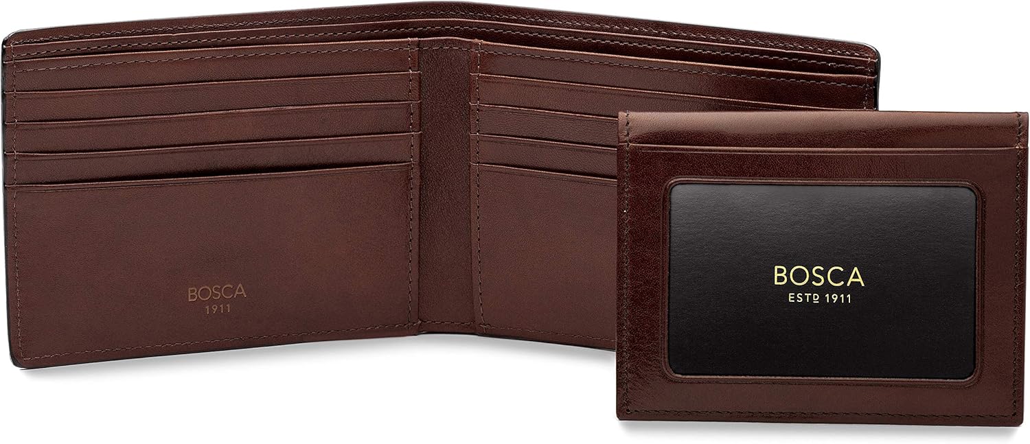 Bosca Mens Leather Wallet with Removable ID Passcase - Dolce Italian leather Wallet for Men 8 Card Slots, Bifold Design, Hand-Stitched Detailing, Polished Finish, Dark Brown · v3