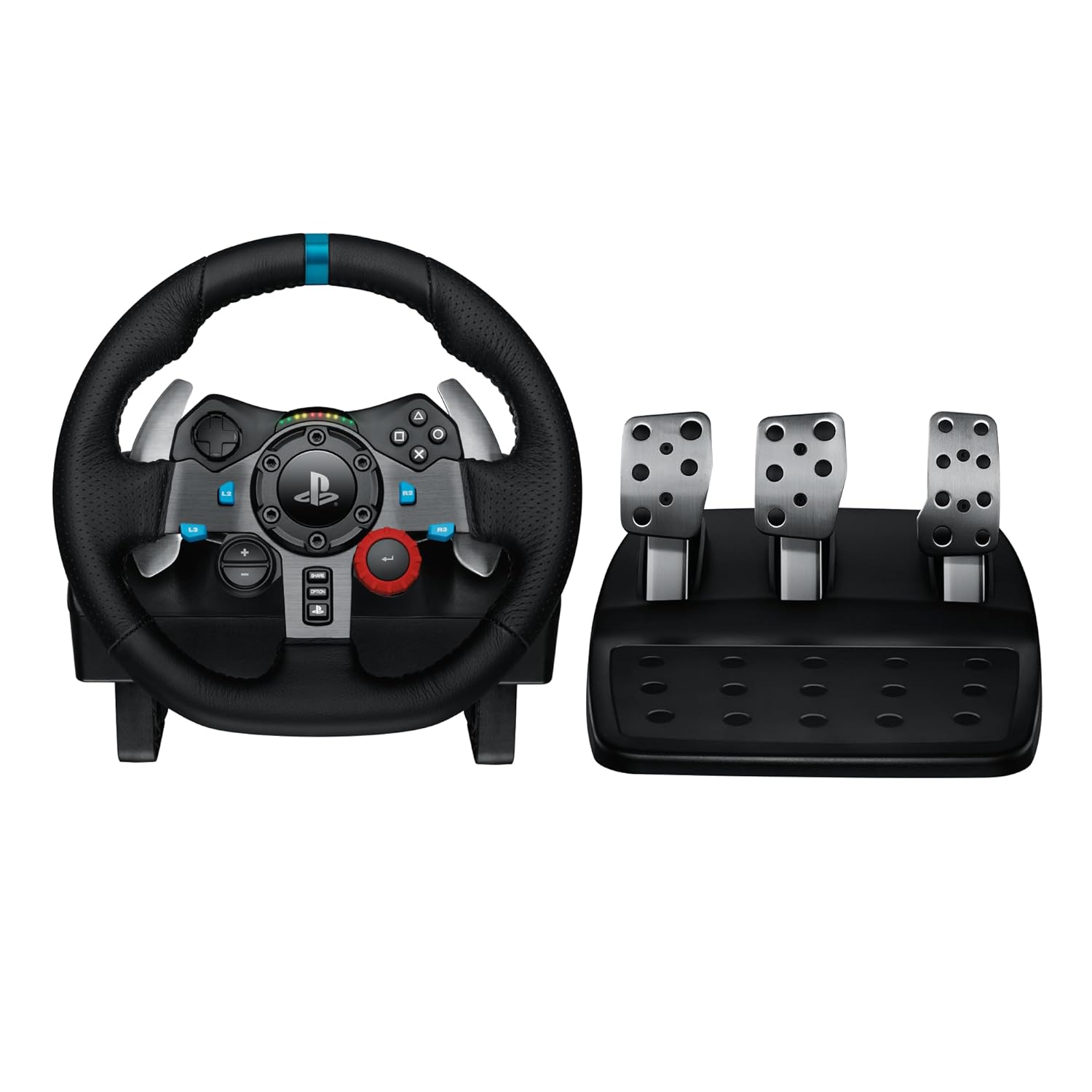 Logitech G29 Driving Force Yarış Tekerleği ve Zemin Pedalları, Gerçek Güç Geri Bildirimi, Paslanmaz Çelik Kürek Değiştiriciler, PS5, PS4, PC, Mac için Deri Direksiyon Kapağı - Siyah