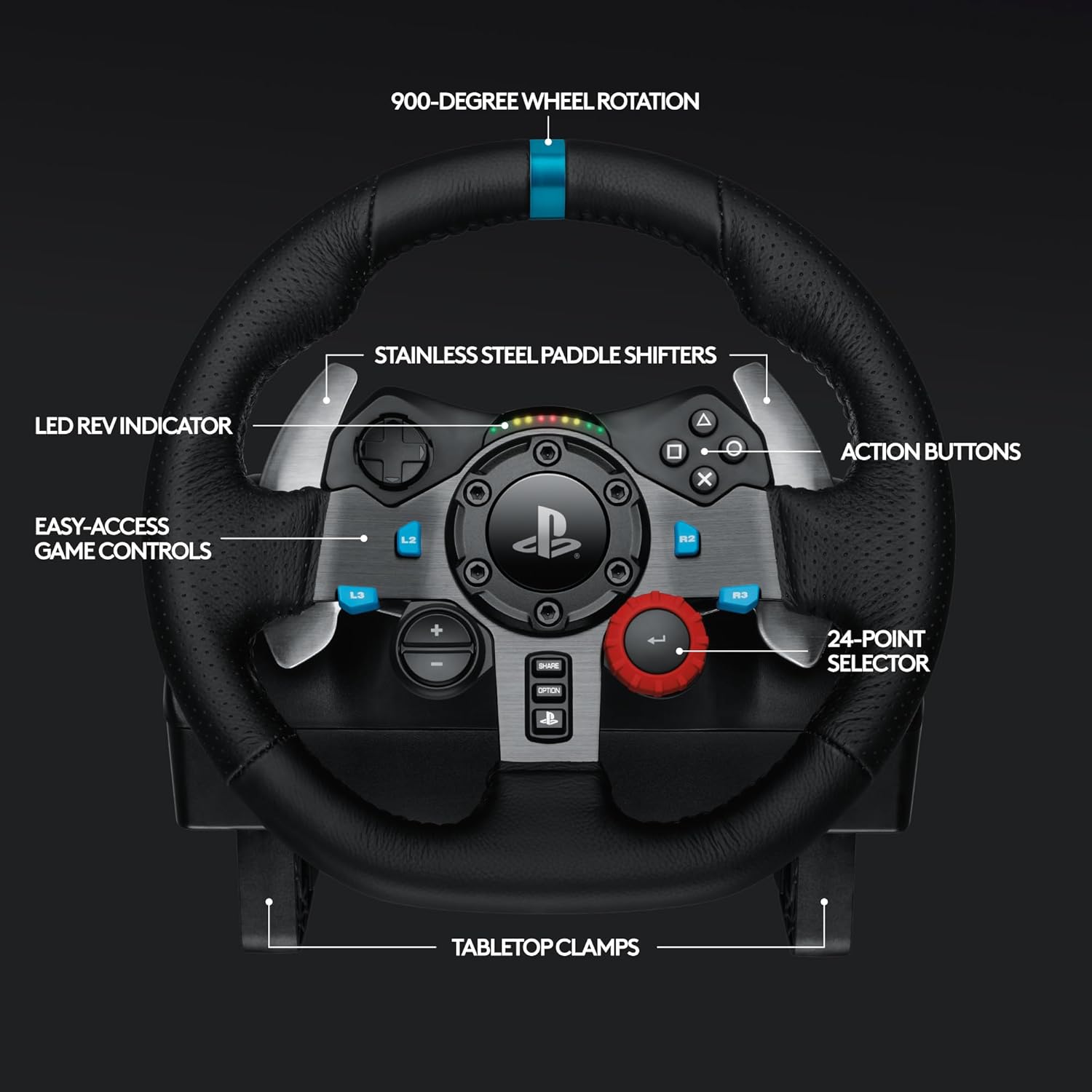Volant et pédales de sol Logitech G29 Driving Force Racing, Real Force Feedback, palettes de changement de vitesse en acier inoxydable, housse de volant en cuir pour PS5, PS4, PC, Mac, Noir