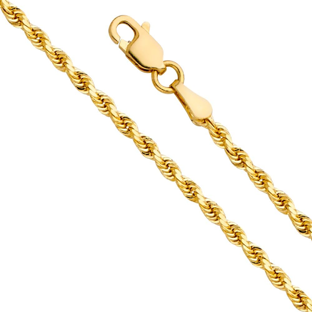 Collana a catena in vero oro giallo massiccio 14k da 2 mm con taglio diamantato con chiusura a moschettone