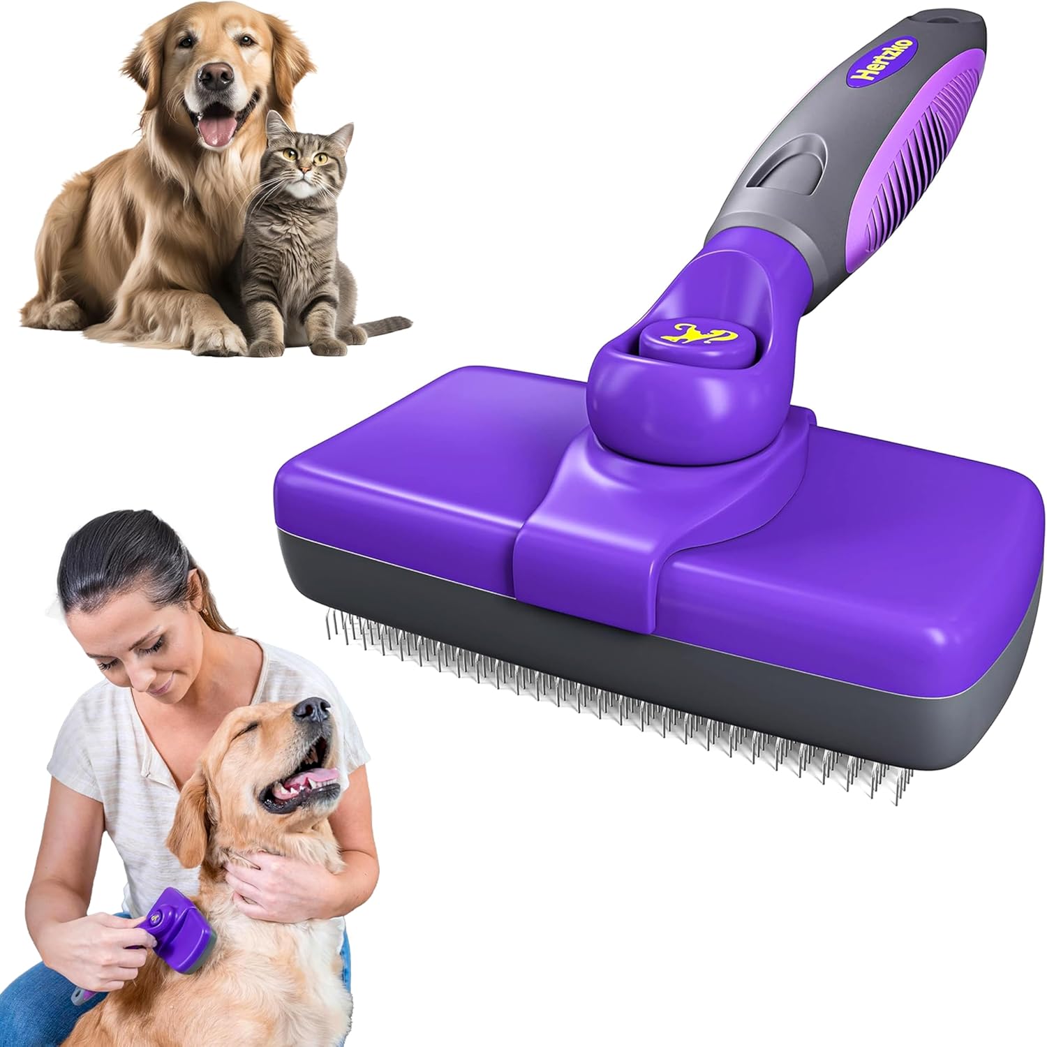 Hertzko Self-Cleaning Dog  Cat Slicker Brush for Pets with Long Or Short Hair, Dog Brush for Shedding Short Hair, Cat amp; Dog Grooming Brush, Cat Comb, Dog Comb, Deshedding Dog Brush - Purple