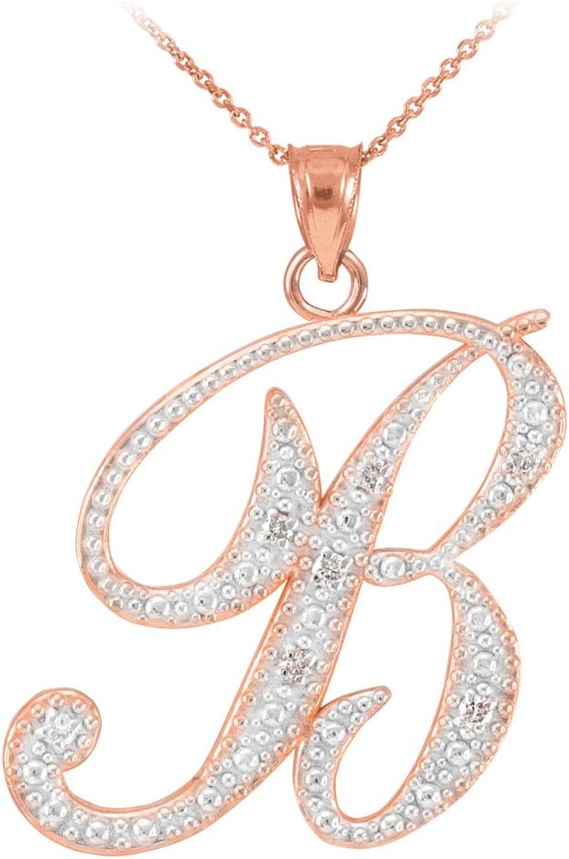 Collar con colgante de oro rosa de 14 quilates con la inicial en forma de B cursiva colgante con detalles de diamantes, 4/5 (color J-K, claridad I1-I2), longitud a elegir