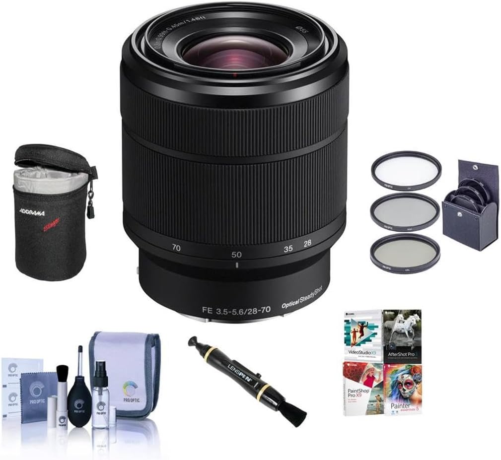 Obiettivo Sony FE 28-70 mm F3.5-5.6 OSS E-Mount - Pacchetto con kit filtro da 55 mm (UV/CPL/ND), detergente, custodia morbida per lenti, kit di pulizia, pacchetto software professionale
