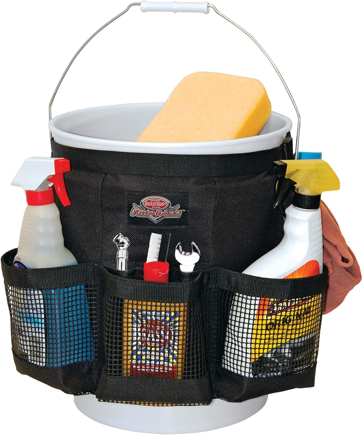 Bucket Boss Auto Boss Wash Boss Organizer ถังขนาด 5 แกลลอน พร้อมกระเป๋าตาข่ายภายนอกแห้งเร็วสำหรับใส่ของใช้ในรถยนต์ สำหรับใส่สบู่และน้ำในถัง สีดำ AB30060