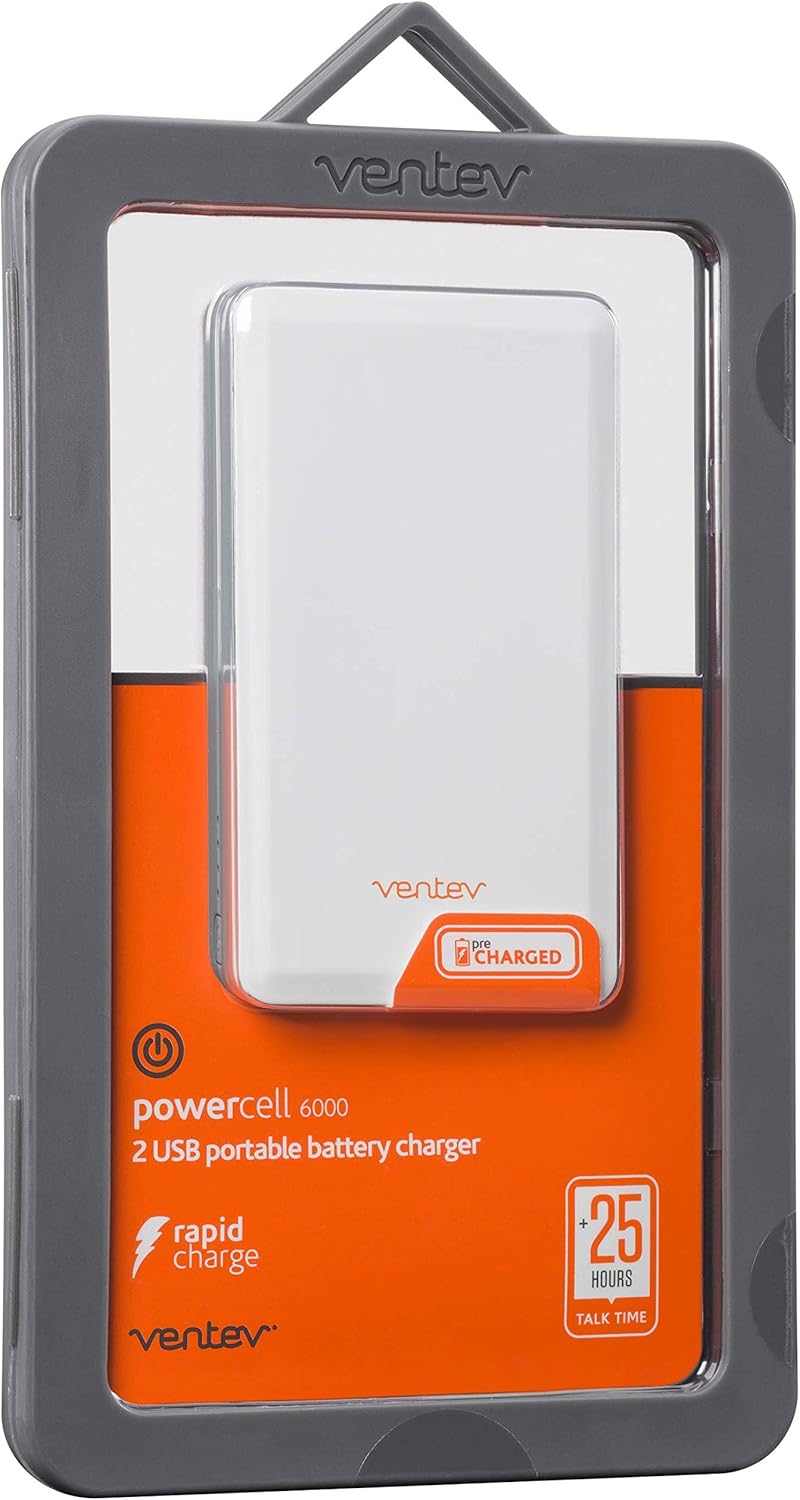 Ventev Powercell 6000 Portable Battery | Power Bank with Two USB Ports | 6000 mAh, Rapid Charge | Ultra Compact External Battery Pack for Smartphone, Tablet, Headset