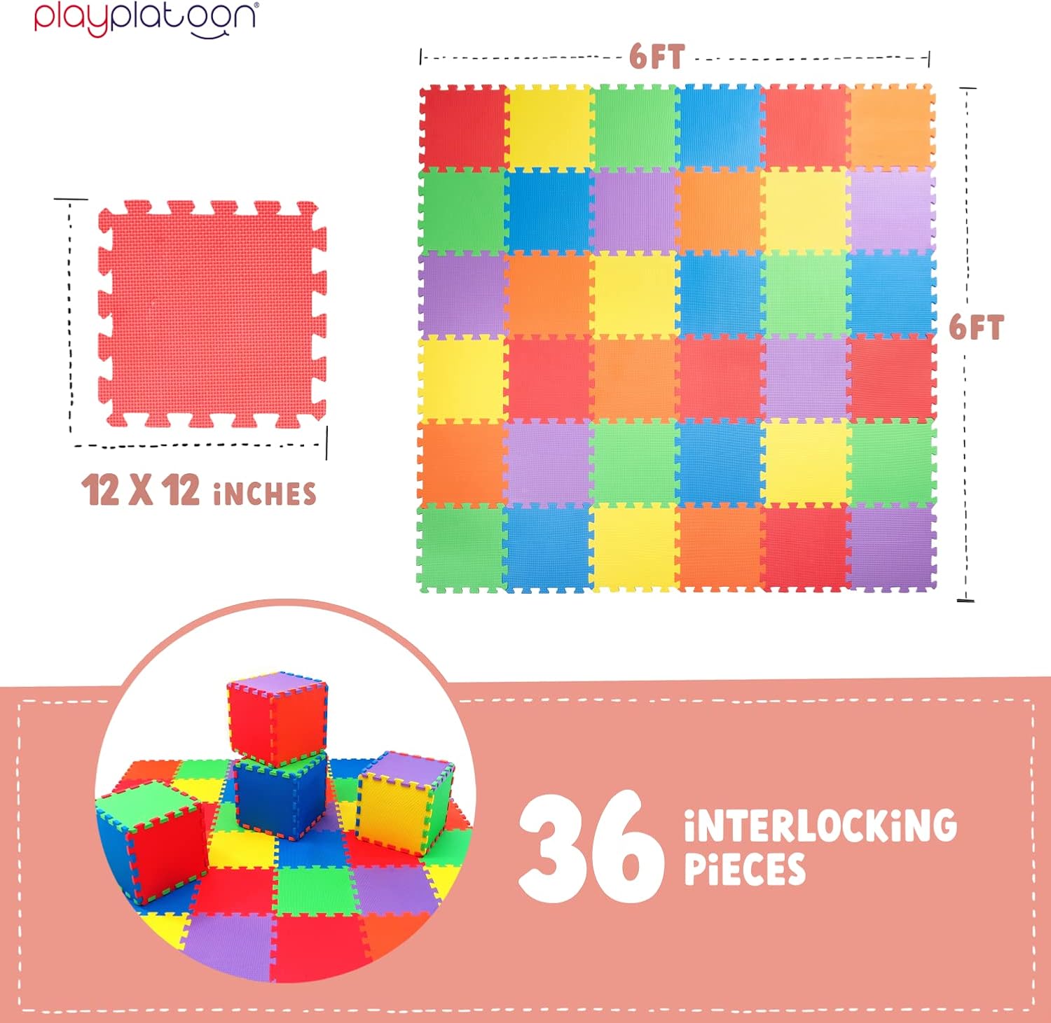 Ungiftige, extradicke 36-teilige Spielmatte für Kinder — bequeme, gepolsterte Puzzlematte aus Schaumstoff, 6 leuchtende Farben für Kinder und Kleinkinder