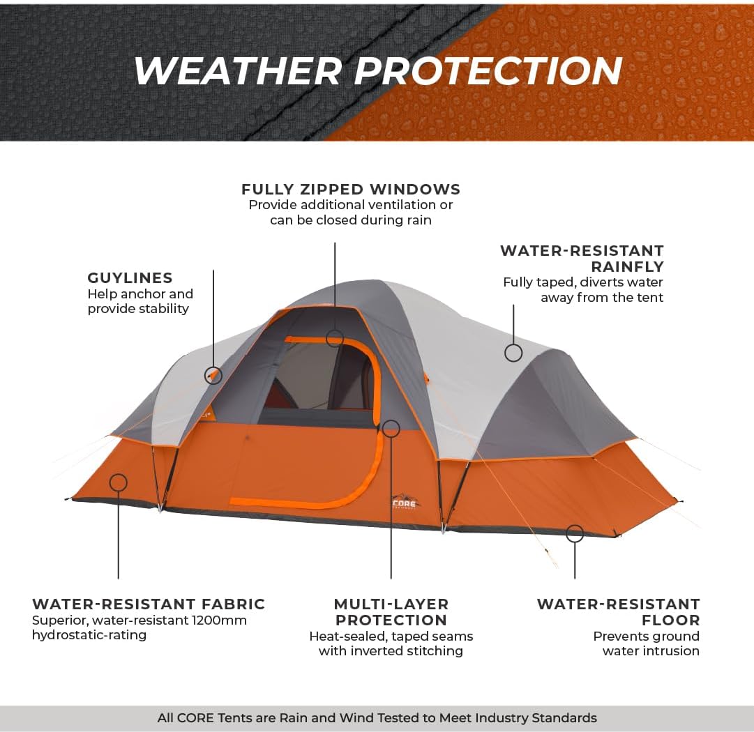 CORE Tents for Family Camping, Hiking and Backpacking | 4 Person / 6 Person / 9 Person / 11 Person Dome Camp Tents with Included Tent Gear Loft for Outdoor Accessories · v2