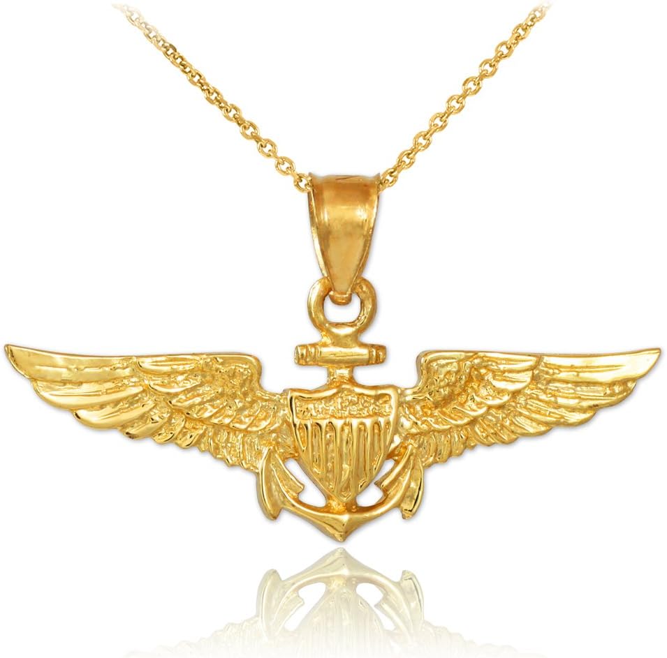 14K Yellow Gold US Navy Naval Aviator Wings Rolo Chain Pendant Necklace - 16 · v2