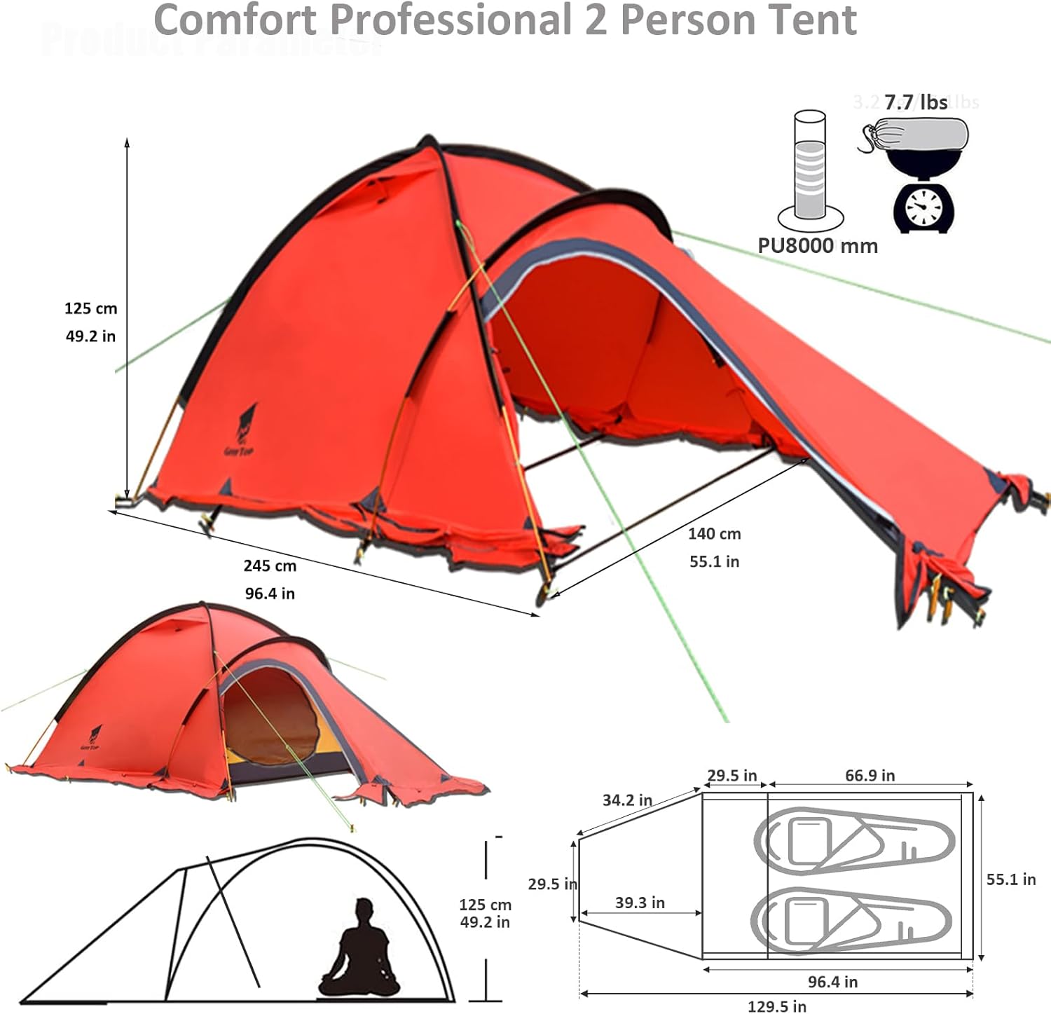 Geertop Tragbares 2-Personen-Zelt für 4 Jahreszeiten, wasserdichtes Rucksackzelt, doppellagig, allwetterfest, für Camping, Wandern, Reisen, Klettern, Bergsteigen — einfacher Aufbau
