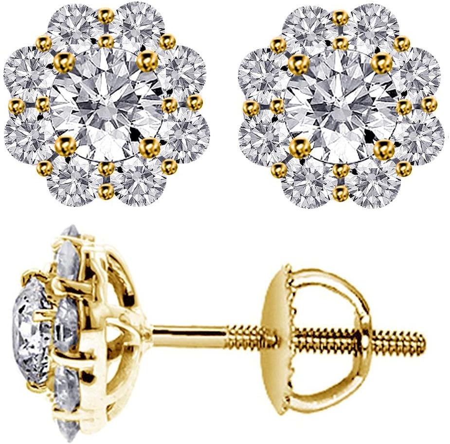 Orecchini a bottone con diamanti a grappolo da 1.70 CT TW in oro giallo 14 carati