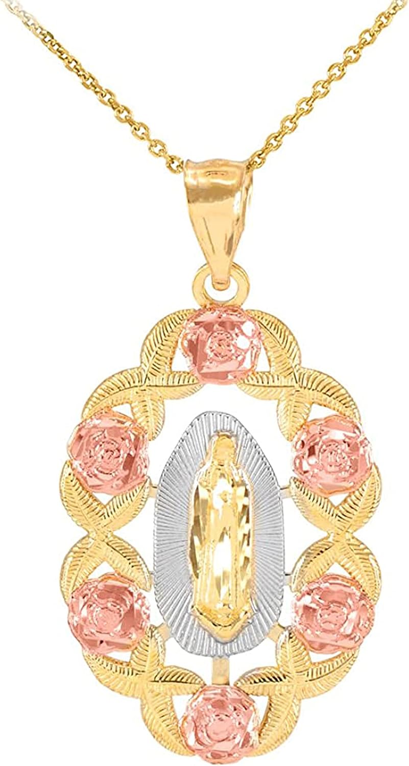 สร้อยคอจี้รูปวงรีโค้งมนสไตล์คาทอลิก Our Lady of Guadalupe Miraculous Immaculate Conception เคลือบทองคำ 14K สามสี - เลือกความยาวได้