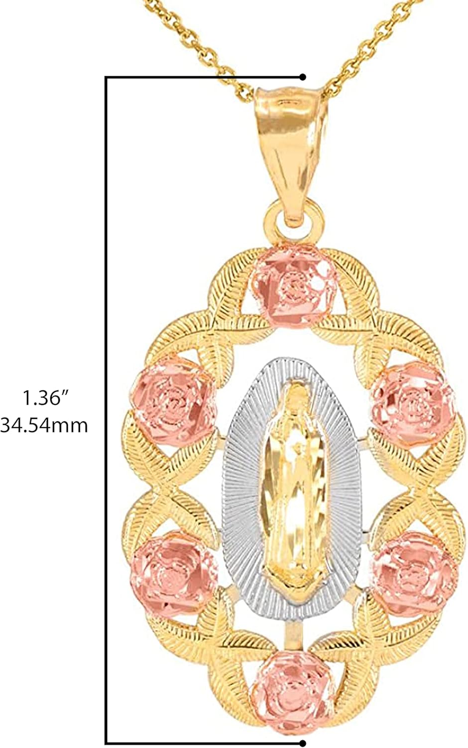 สร้อยคอจี้รูปวงรีโค้งมนสไตล์คาทอลิก Our Lady of Guadalupe Miraculous Immaculate Conception เคลือบทองคำ 14K สามสี - เลือกความยาวได้