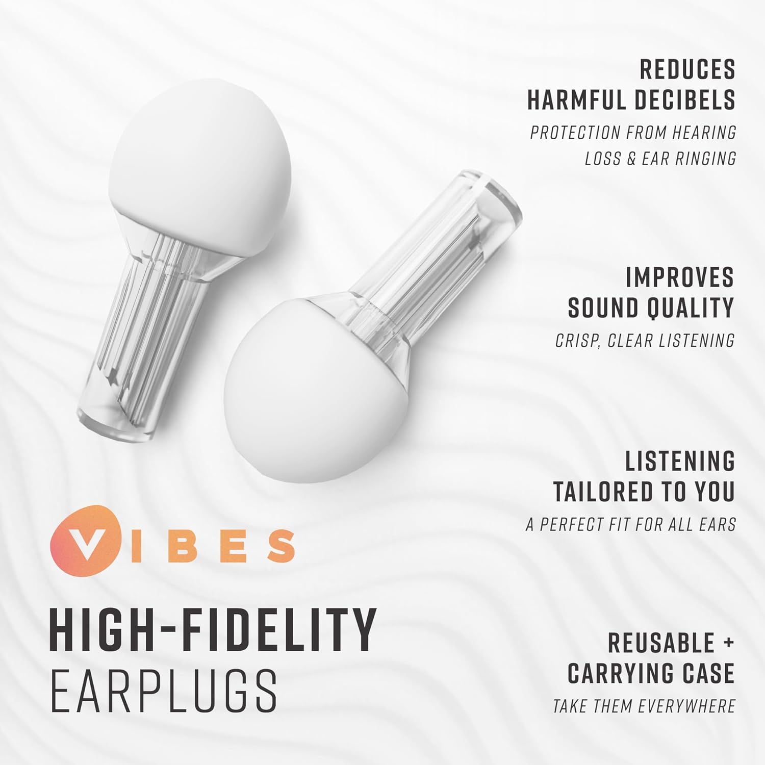 Vibes High Fidelity Concert Ear Plugs, Invisible Earplugs for Musicians, Motorcycles, Airplanes, Raves, Work - Noise Reduction 15 NRR and Hearing Protection -22dB - Fits All Ears (Clear)