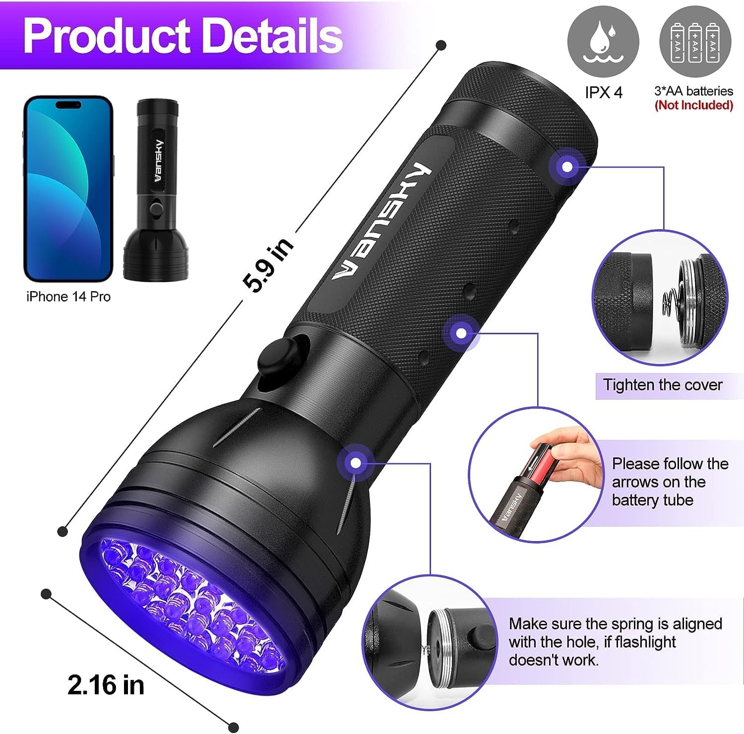 Vansky UV Flashlight Black Light, 51 LED Blacklight Pet Urine Detector for Dog/Cat Urine, Dry Stains, Bed Bug, Resin Curing, Scorpions Finder · v4