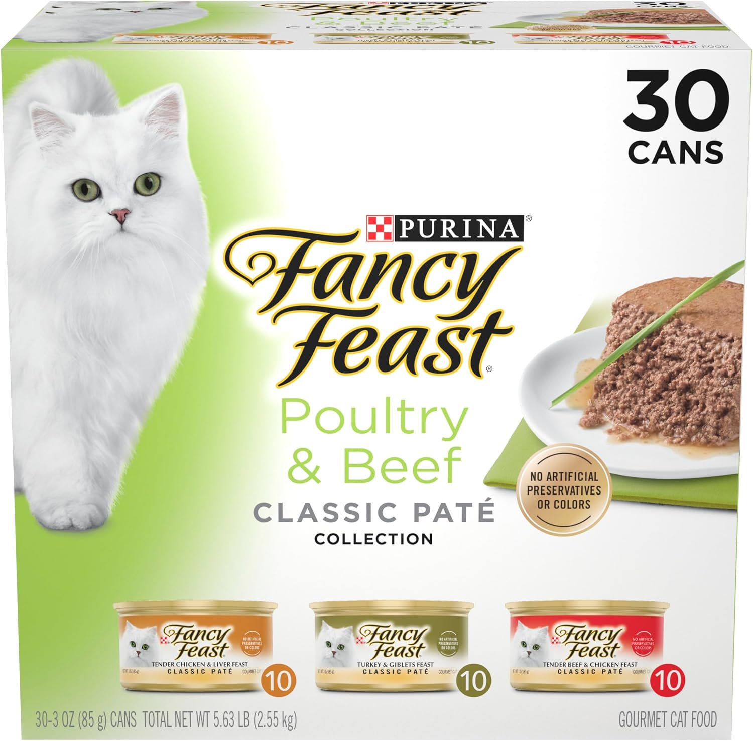 Fancy Feast Poultry and Beef Feast Classic Pate Collection Graanvrij natvoer voor katten, gevarieerd pakket van 30 stuks, blikjes van 3 oz.