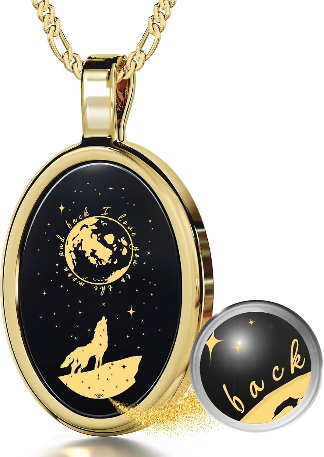 I Love You to the Moon and Back Necklace Pure Gold Inscribed with Nostalgic Howling Wolf and Stars on Onyx Gemstone Romantic Pendant for Women, 18 Gold Plated Silver Chain · v2
