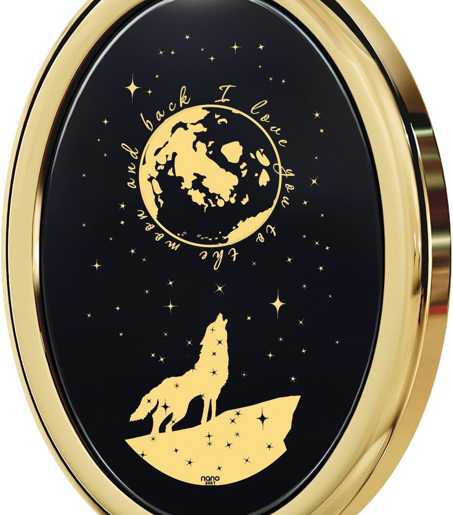 I Love You to the Moon and Back Necklace Pure Gold Inscribed with Nostalgic Howling Wolf and Stars on Onyx Gemstone Romantic Pendant for Women, 18 Gold Plated Silver Chain · v2