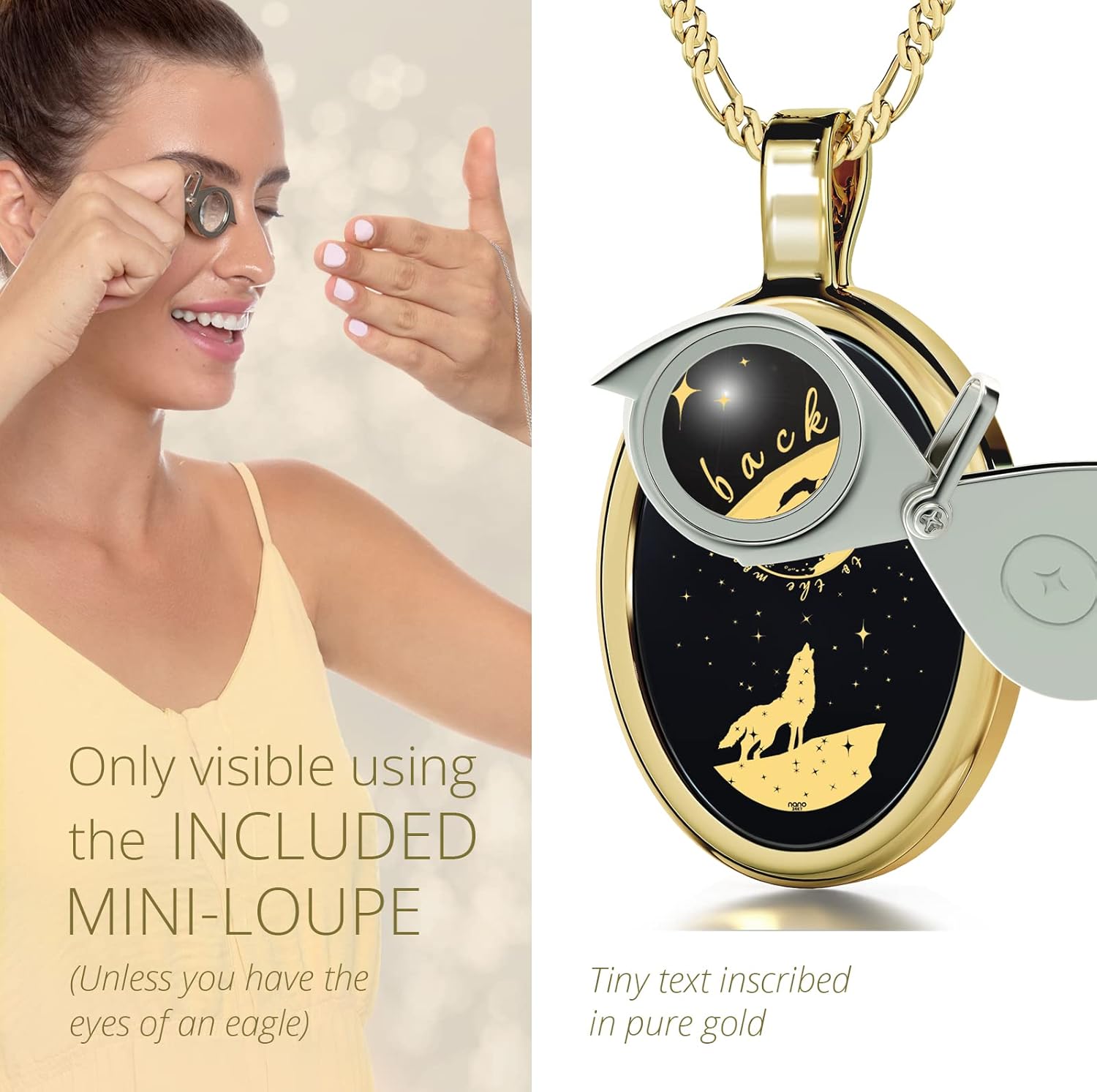 I Love You to the Moon and Back Necklace Pure Gold Inscribed with Nostalgic Howling Wolf and Stars on Onyx Gemstone Romantic Pendant for Women, 18 Gold Plated Silver Chain · v2