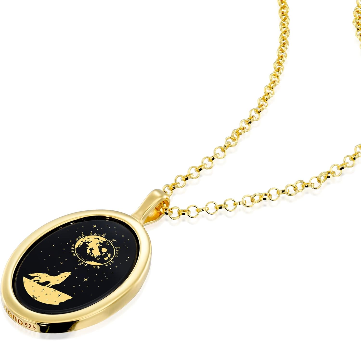 I Love You to the Moon and Back Necklace Pure Gold Inscribed with Nostalgic Howling Wolf and Stars on Onyx Gemstone Romantic Pendant for Women, 18 Gold Plated Silver Chain · v2