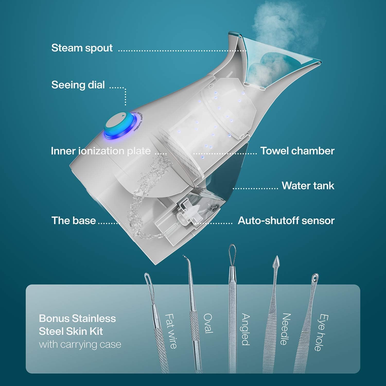 NanoSteamer Large 3-in-1 Nano Ionic Facial Steamer with Precise Temp Control - Humidifier - Unclogs Pores - Blackheads - Spa Quality - Bonus 5 Piece Stainless Steel Skin Kit (Teal) · v2