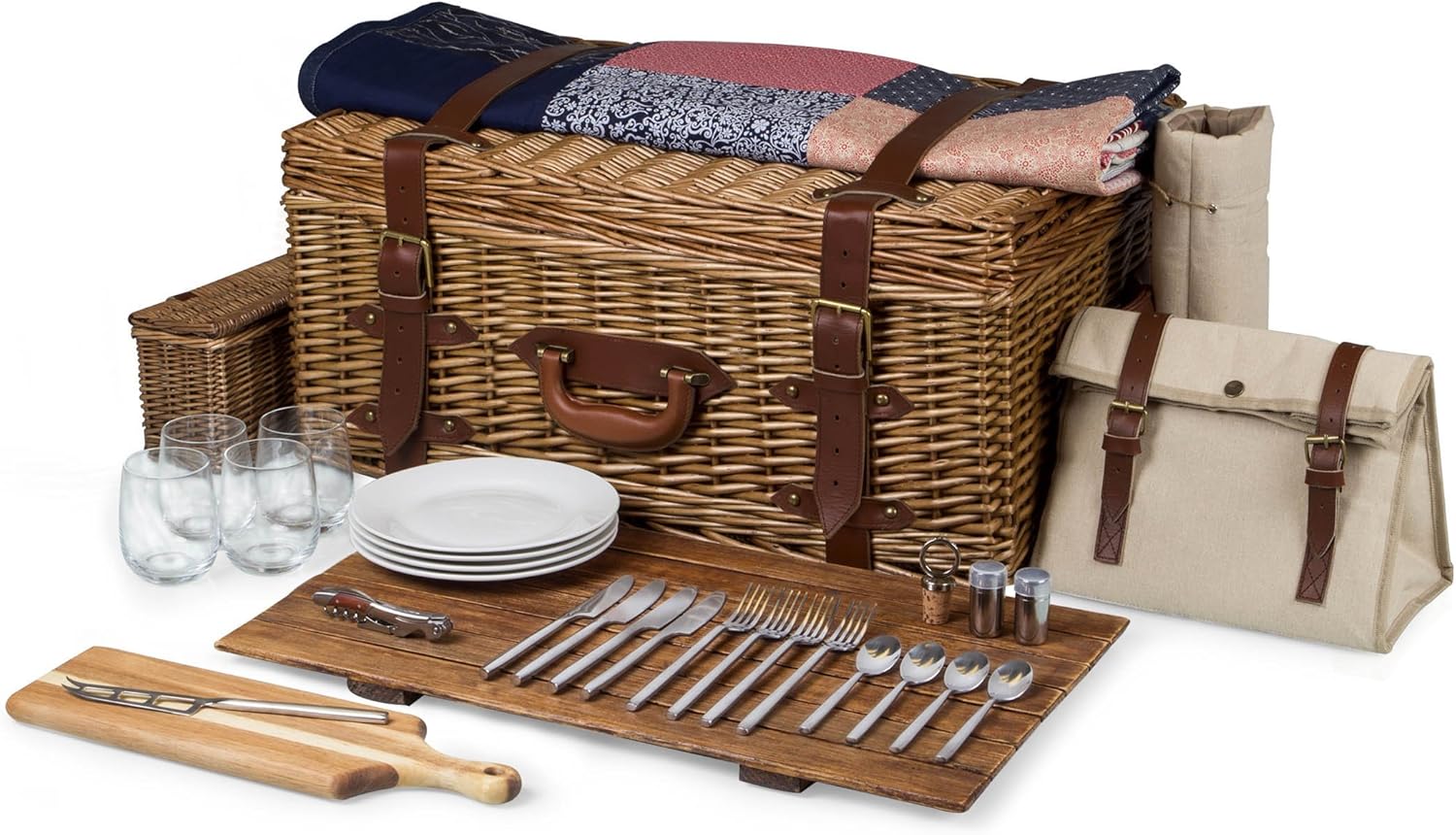 PICNIC TIME Charleston Luxury Wicker Picnic Basket for 4 with Blanket and Deluxe Set, Beige Canvas · v2