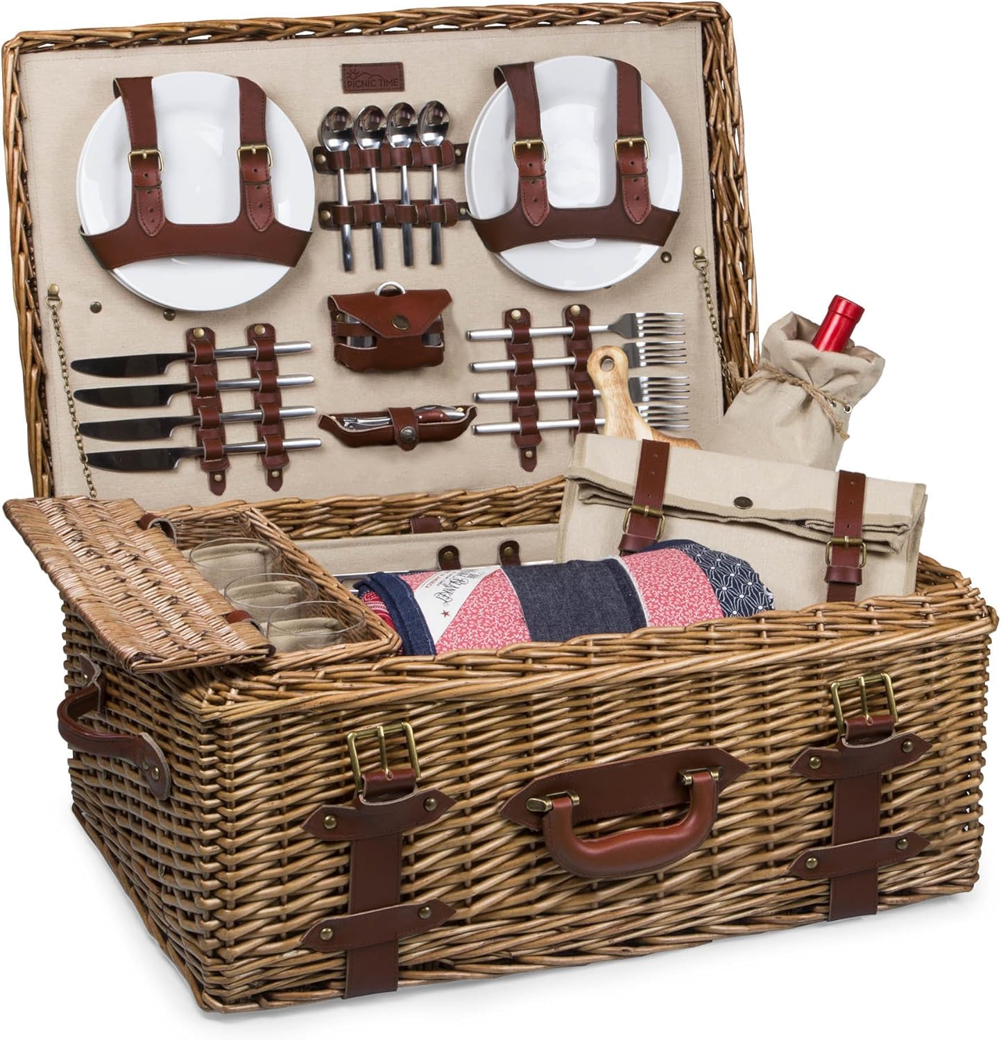 PICNIC TIME Charleston Luxury Wicker Picnic Basket for 4 with Blanket and Deluxe Set, Beige Canvas · v2