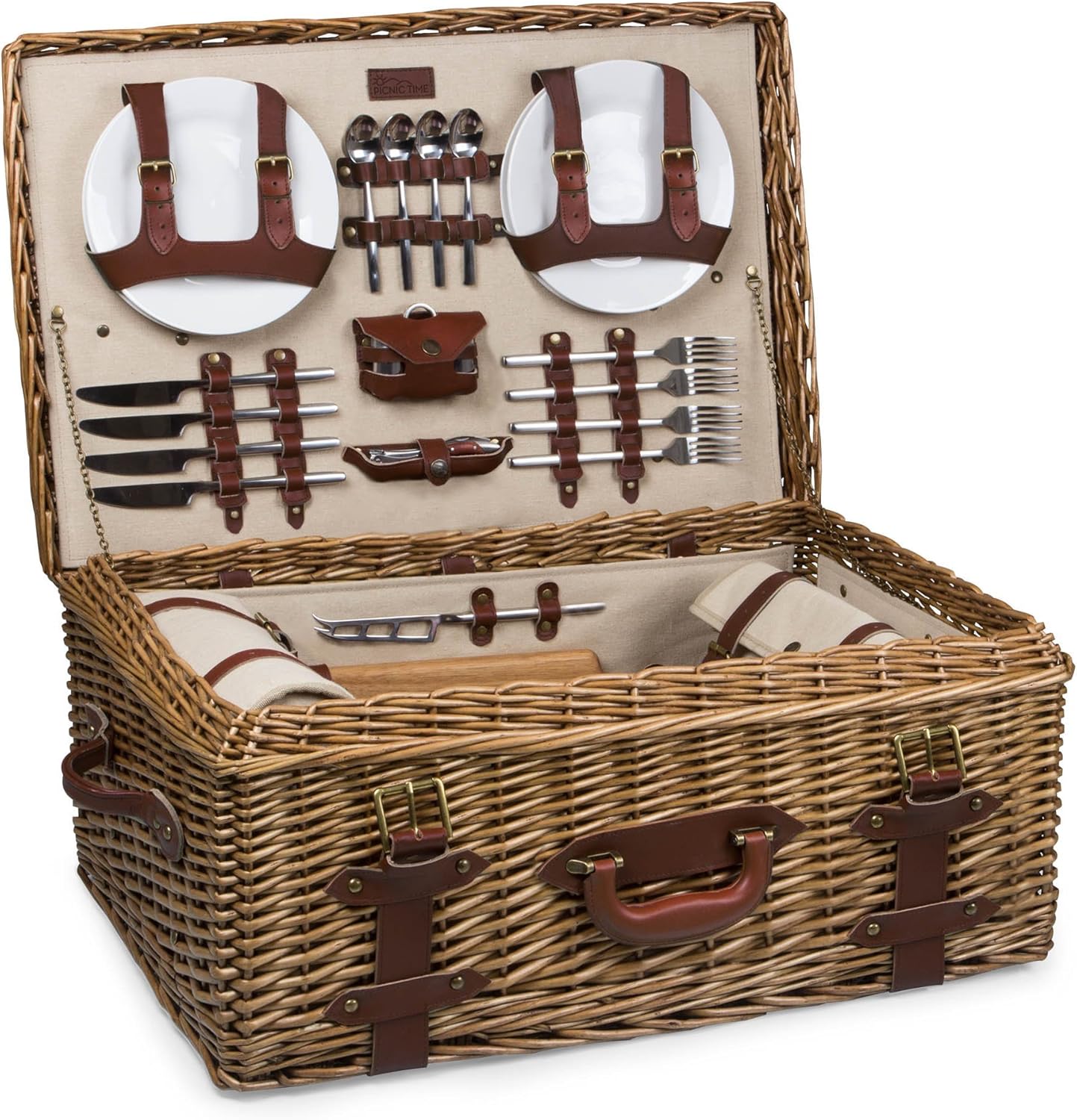 PICNIC TIME Charleston Luxury Wicker Picnic Basket for 4 with Blanket and Deluxe Set, Beige Canvas · v2