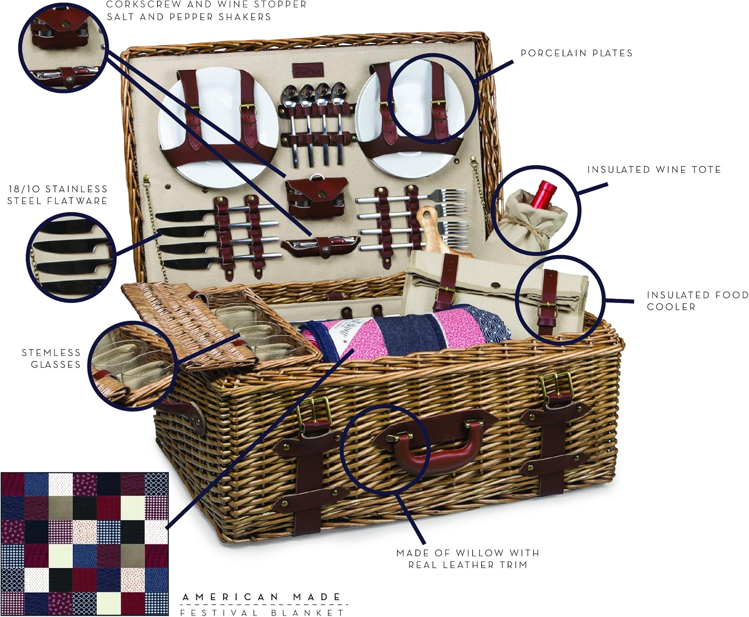 PICNIC TIME Charleston Luxury Wicker Picnic Basket for 4 with Blanket and Deluxe Set, Beige Canvas · v2