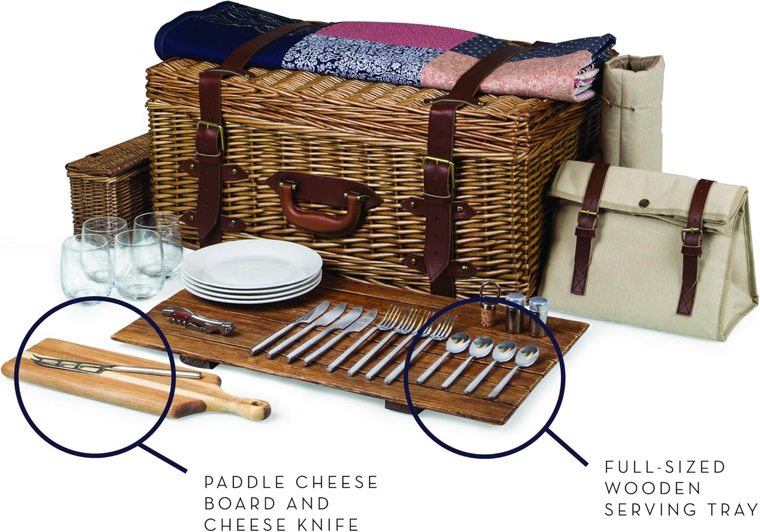 PICNIC TIME Charleston Luxury Wicker Picnic Basket for 4 with Blanket and Deluxe Set, Beige Canvas · v2