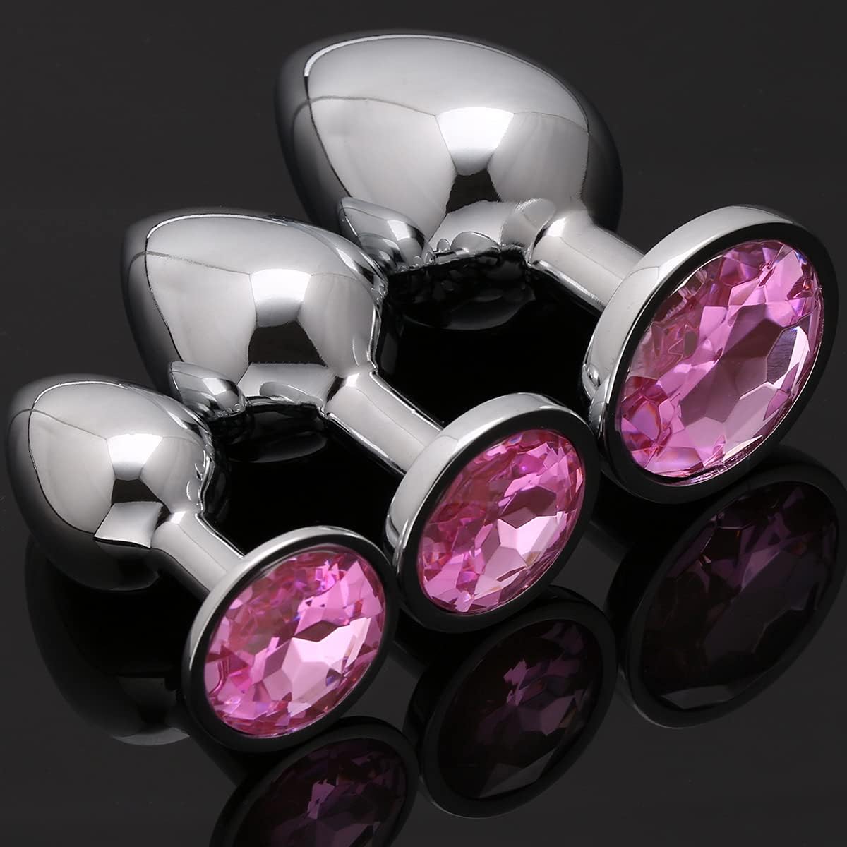 Akstore 3 Pcs Luxury Jewelry Design Fetish Stainless Steel Anal Butt Plug Fantasy Sex Restraints Bondage SM Large Medium Small Anal Stimulation toy for Unisex Masturbation with Penis Condom(Pink) · v9