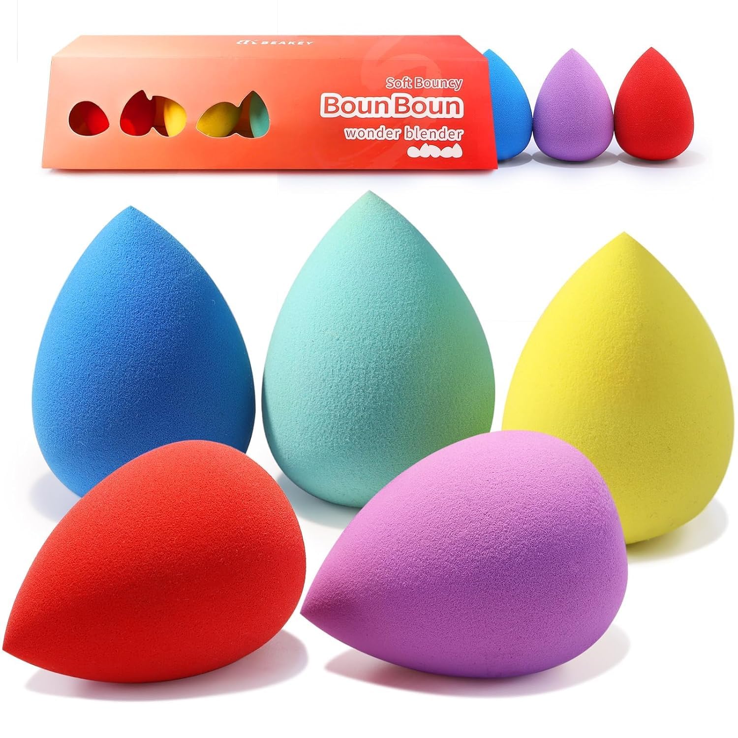 Juego de 5 esponjas de maquillaje BEAKEY, esponja de belleza sin látex y con un suave contorno para mezclar, esponjas de maquillaje para base, líquido, crema y polvo. Licuadora para una aplicación de maquillaje mejorada