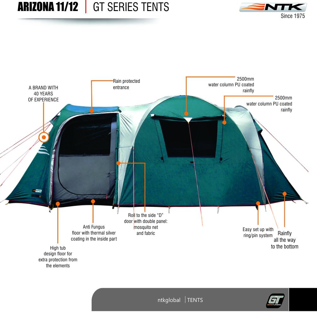 เต็นท์สำหรับครอบครัว NTK Arizona GT 2012 ขนาด 6x10 ฟุต พร้อมห้อง ประตู โดมกันน้ำ ตาข่ายระบายอากาศ 100%|เต็นท์กลางแจ้ง 500% 20 มม. อบอุ่นและเย็น