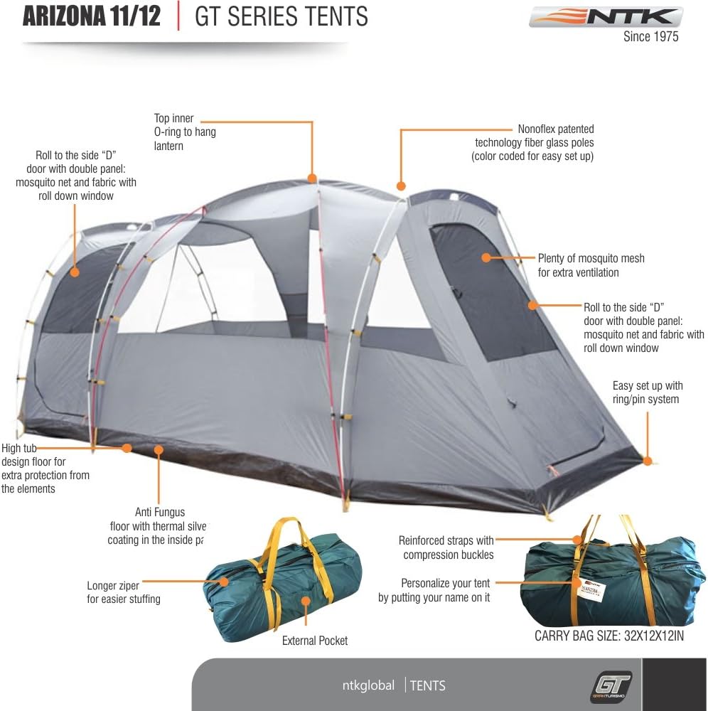 เต็นท์สำหรับครอบครัว NTK Arizona GT 2012 ขนาด 6x10 ฟุต พร้อมห้อง ประตู โดมกันน้ำ ตาข่ายระบายอากาศ 100%|เต็นท์กลางแจ้ง 500% 20 มม. อบอุ่นและเย็น
