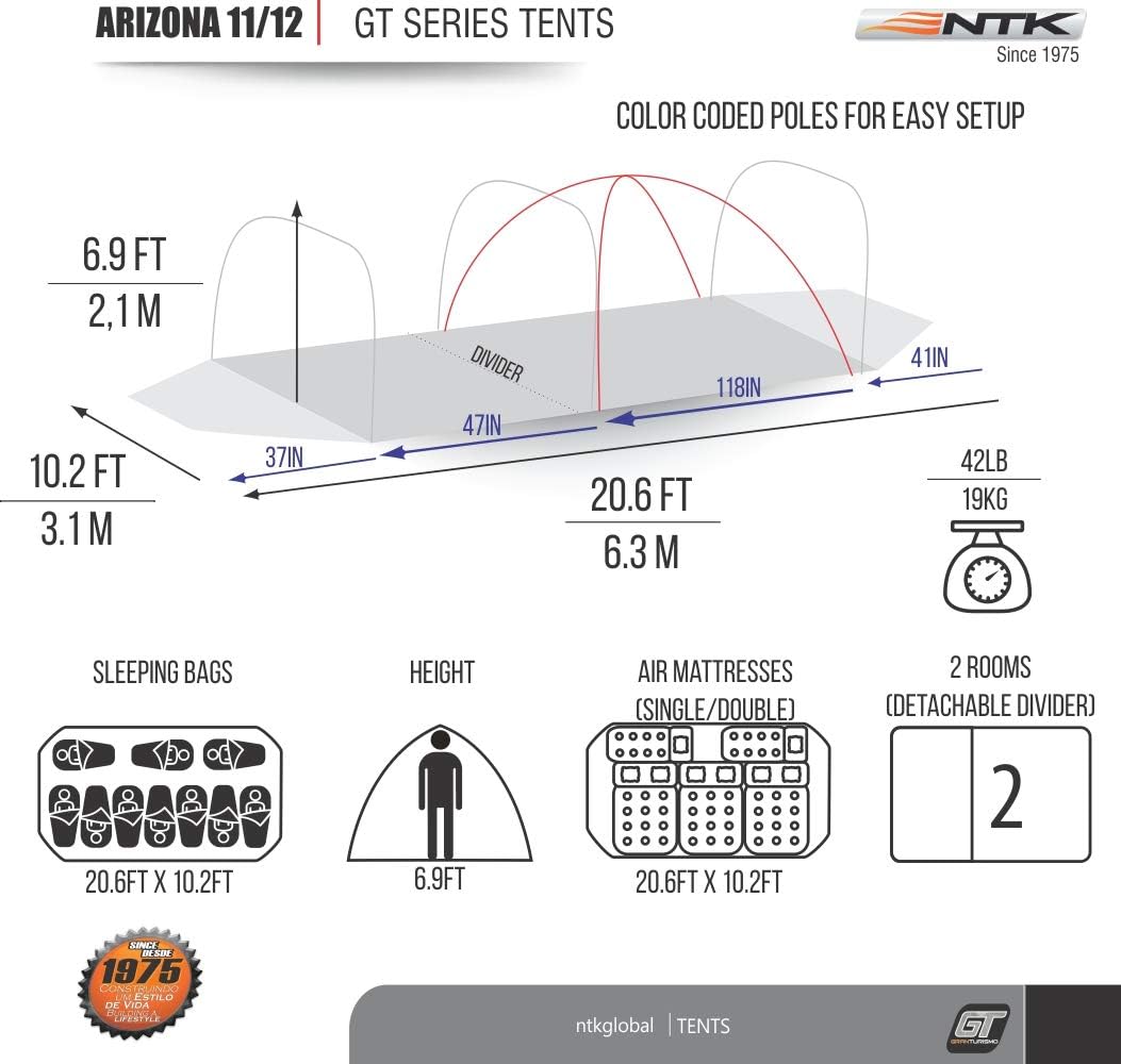 เต็นท์สำหรับครอบครัว NTK Arizona GT 2012 ขนาด 6x10 ฟุต พร้อมห้อง ประตู โดมกันน้ำ ตาข่ายระบายอากาศ 100%|เต็นท์กลางแจ้ง 500% 20 มม. อบอุ่นและเย็น