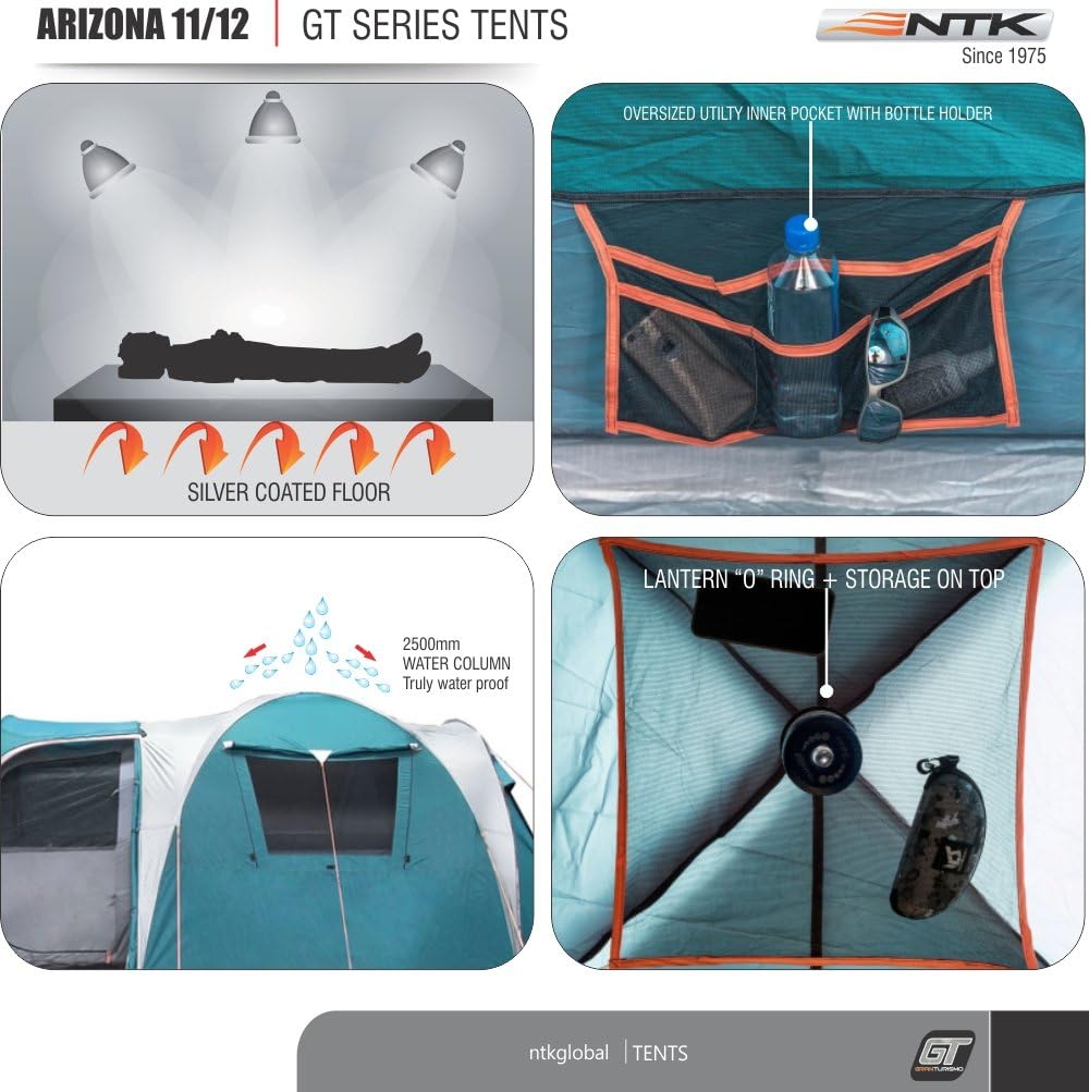เต็นท์สำหรับครอบครัว NTK Arizona GT 2012 ขนาด 6x10 ฟุต พร้อมห้อง ประตู โดมกันน้ำ ตาข่ายระบายอากาศ 100%|เต็นท์กลางแจ้ง 500% 20 มม. อบอุ่นและเย็น