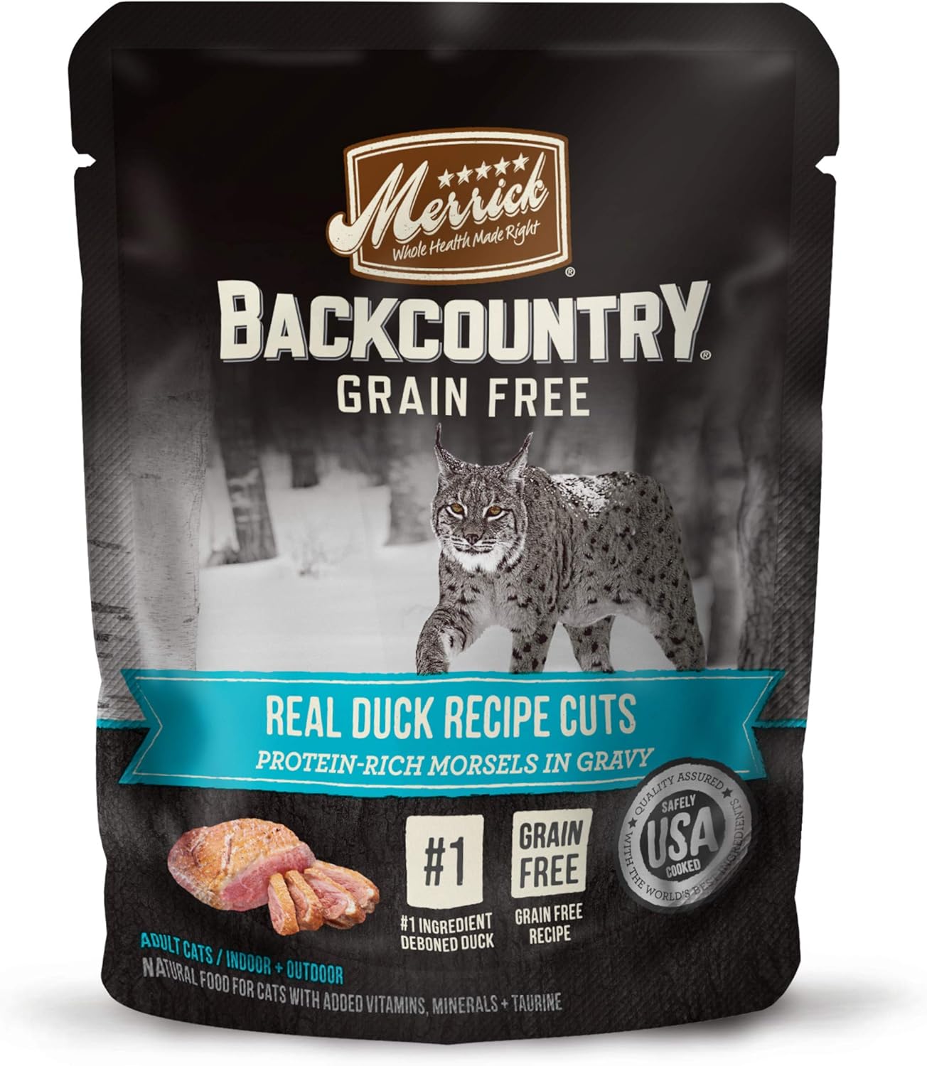 Comida húmeda para gatos Merrick Backcountry, sin cereales, sin gluten, de primera calidad, con alto contenido de proteínas, receta de pato cortada con salsa, (paquete de 24) bolsas de 3 onzas