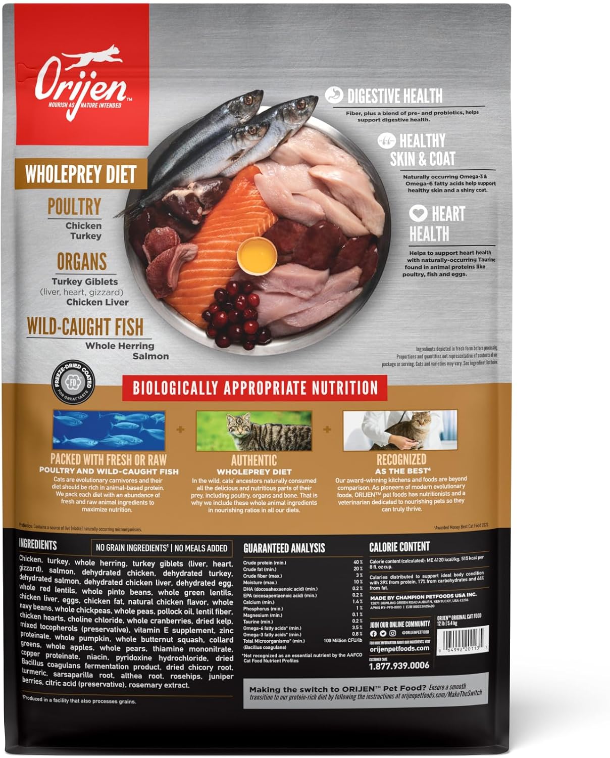 ORIJEN Original Cat, Grain Free Dry Cat Food for All Life Stages, With WholePrey Ingredients, 12lb · v2