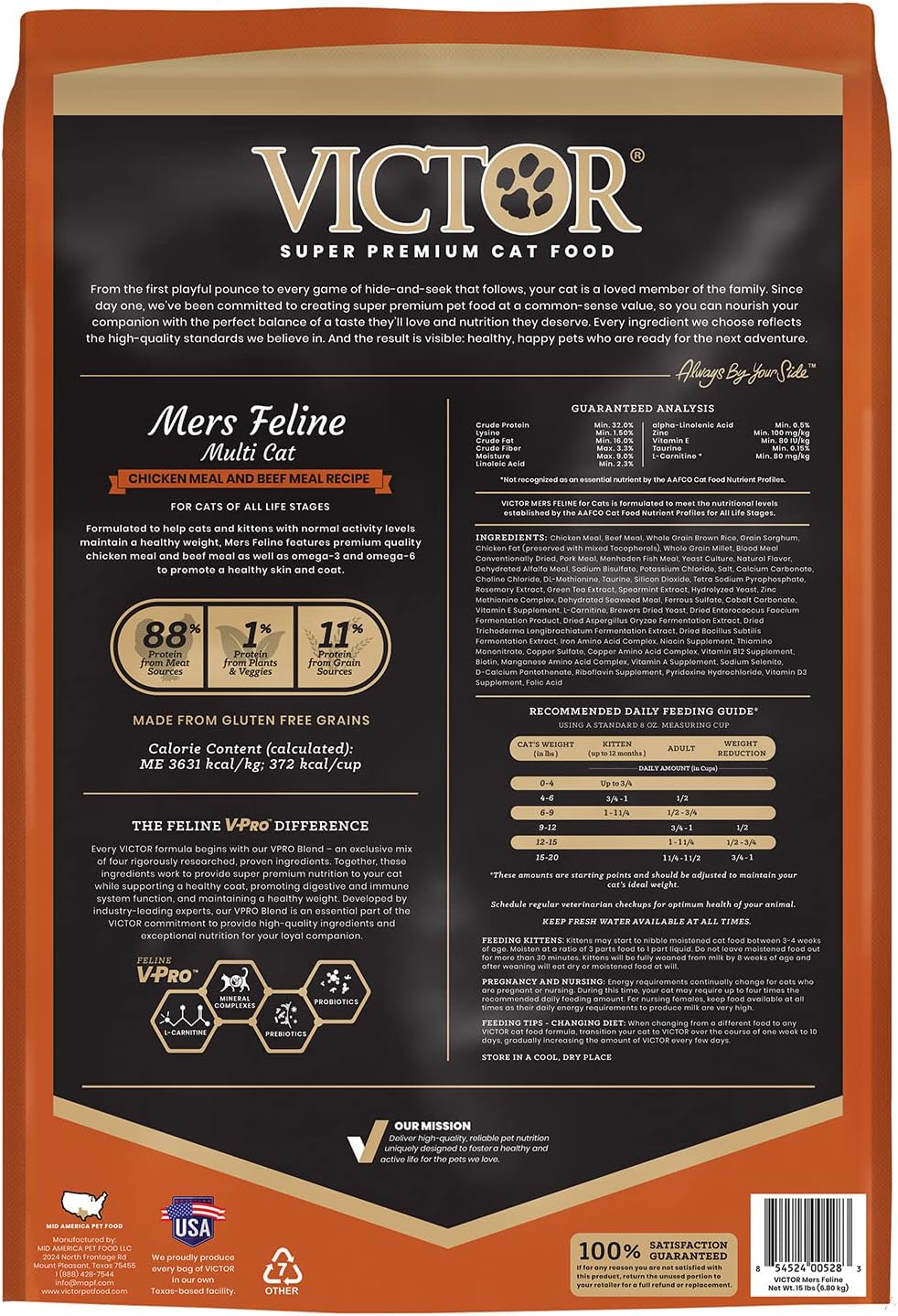 Nourriture pour chats Victor Super Premium — Nourriture sèche pour chats Mers Feline à base de protéines de poulet, de bœuf, de porc et de poisson pour chats normalement actifs — Toutes les races et tous les stades de vie, du chaton à l'adulte, 15 livres