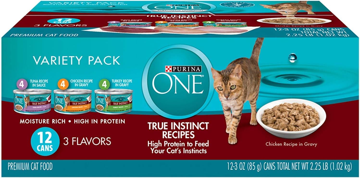 Purina ONE Natural, High Protein Wet Cat Food Variety Pack, True Instinct Turkey, Chicken and Tuna Recipes - (Pack of 2 Packs of 12) 3 oz. Cans · v2