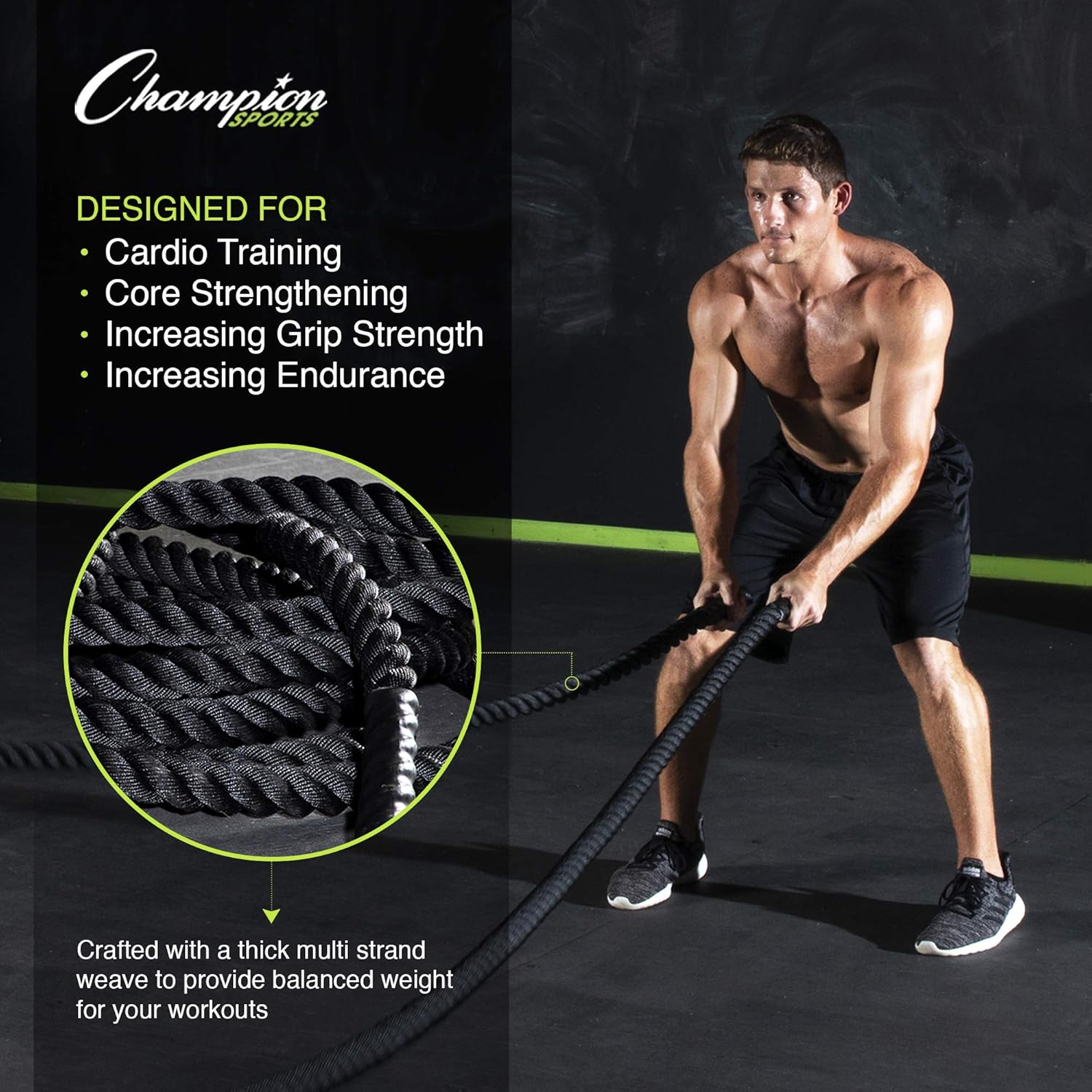 Champion Sports Heavy Training Rope: Rhino Poly Strength  Conditioning Heavy Gym Battle Ropes - Cardio, Cross Training, Weight Training amp; Crossfit