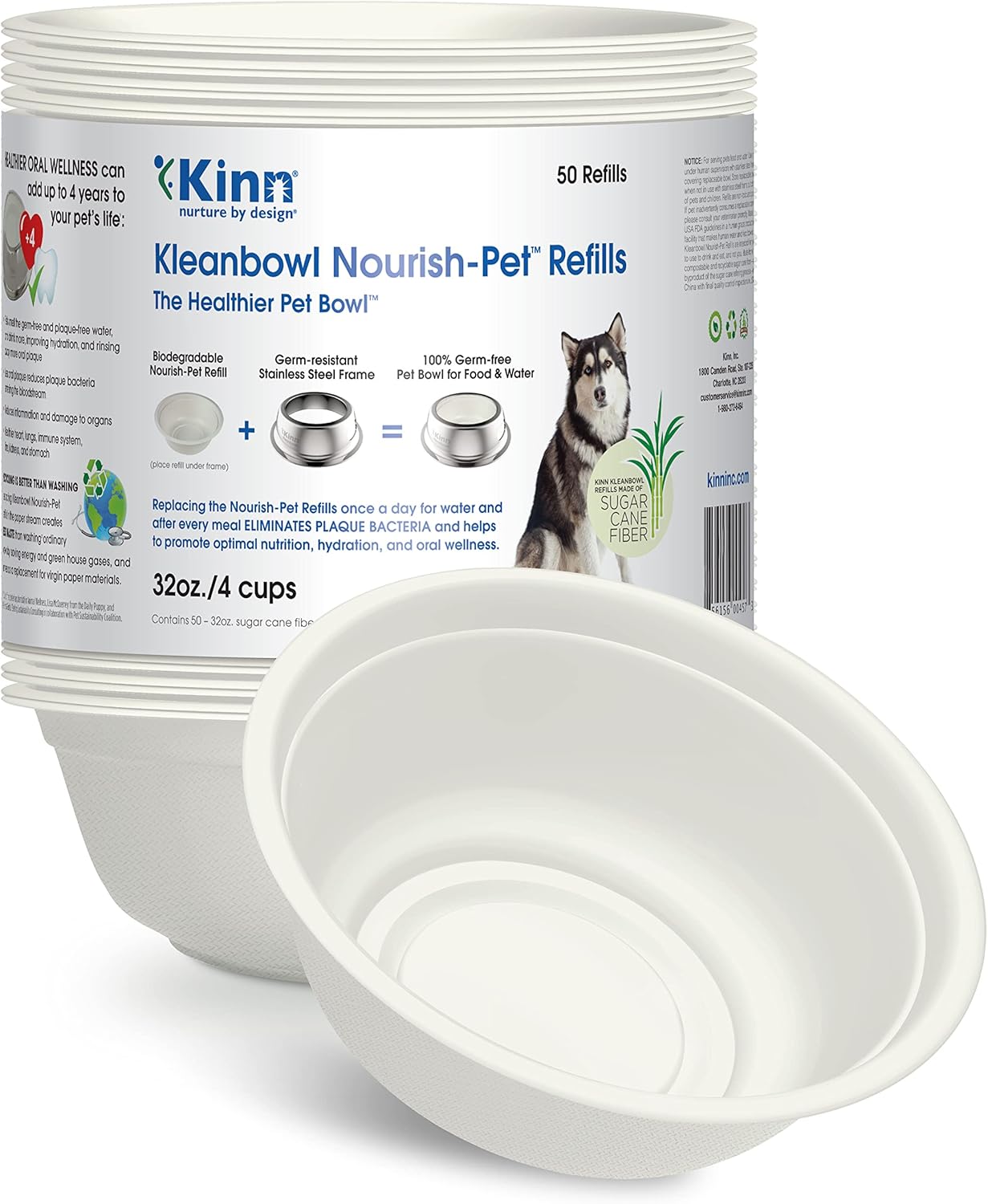 Bols à nourriture jetables Kinn Kleanbowl pour chiens, 32 oz (lot de 50) - Recharges Frame System, bols de nourriture compostables pour chats, étanches pour l'alimentation des animaux de compagnie