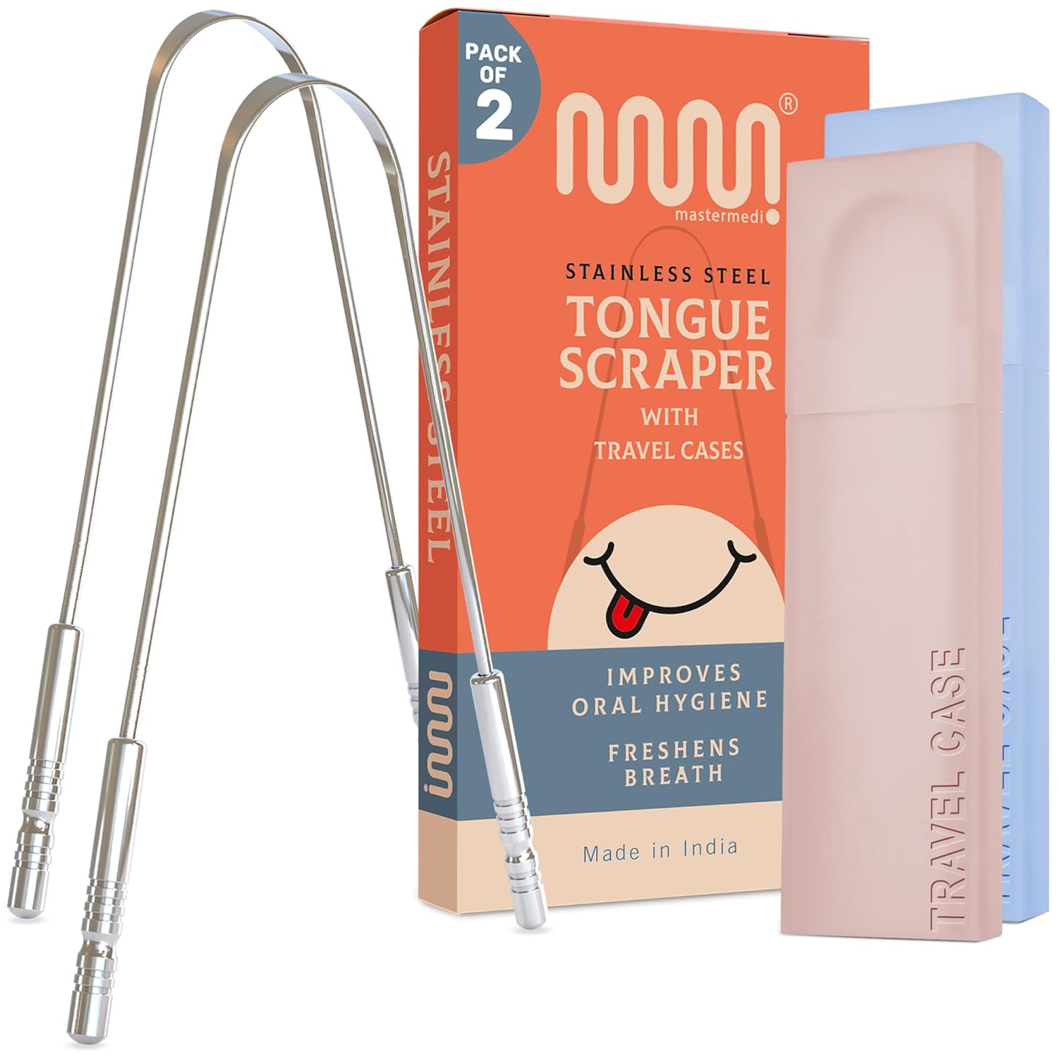 Çok Renkli Seyahat Kılıfları ile Yetişkinler İçin MasterMedi Dil Kazıyıcı (2'li Paket), %100 Paslanmaz Çelik, Ağız Kokusu Azaltıcı, Dil Yıkayıcı, Kullanımı Kolay, Ağız Bakımı Hijyeni için Dil Temizleyici